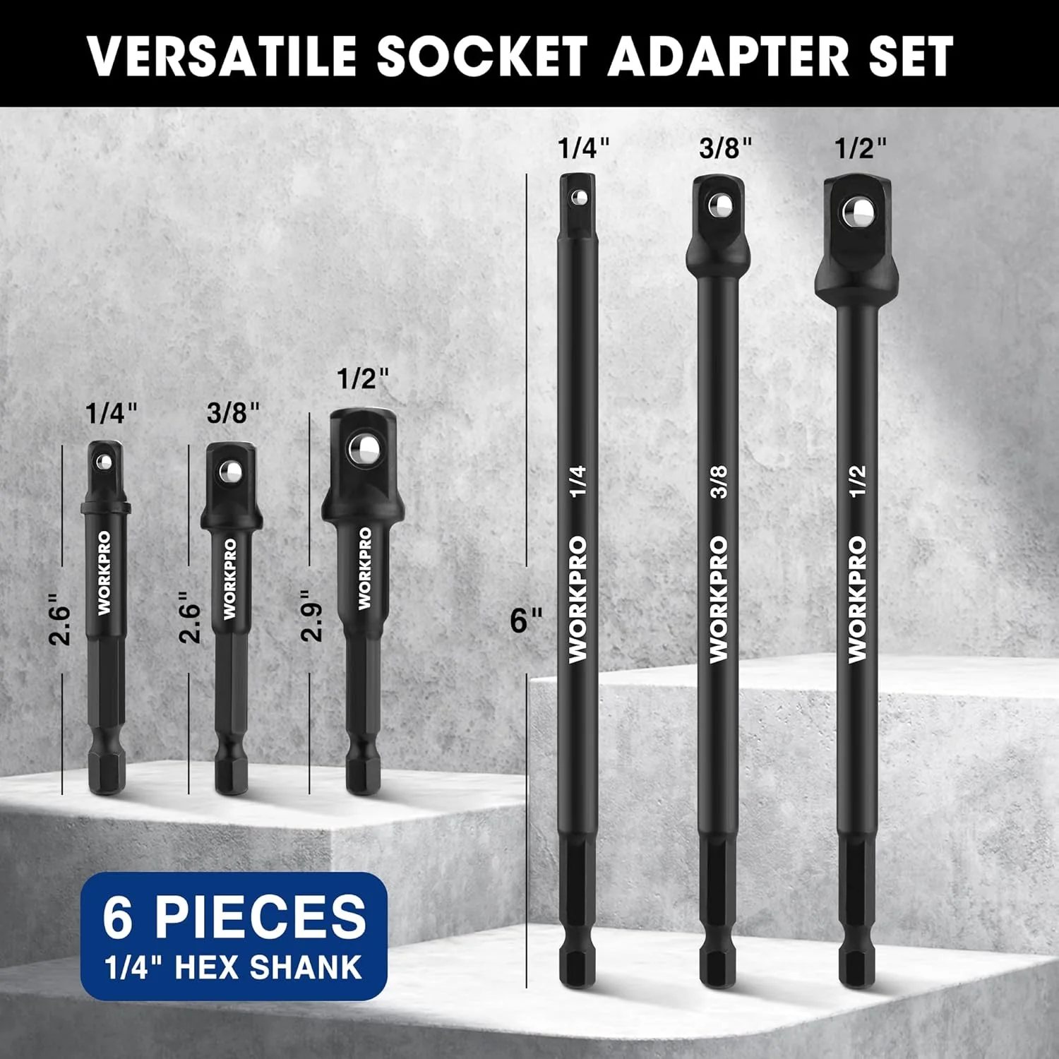 WORKPRO 6-Piece Socket Adapter Extension Set, 1/4-Inch Hex Shank | 1/4" 3/8" 1/2" Impact Socket Driver Set, Drill Sockets Extension Bit, Sockets Driver Adapter, Drill Extension with Holder - Image 2