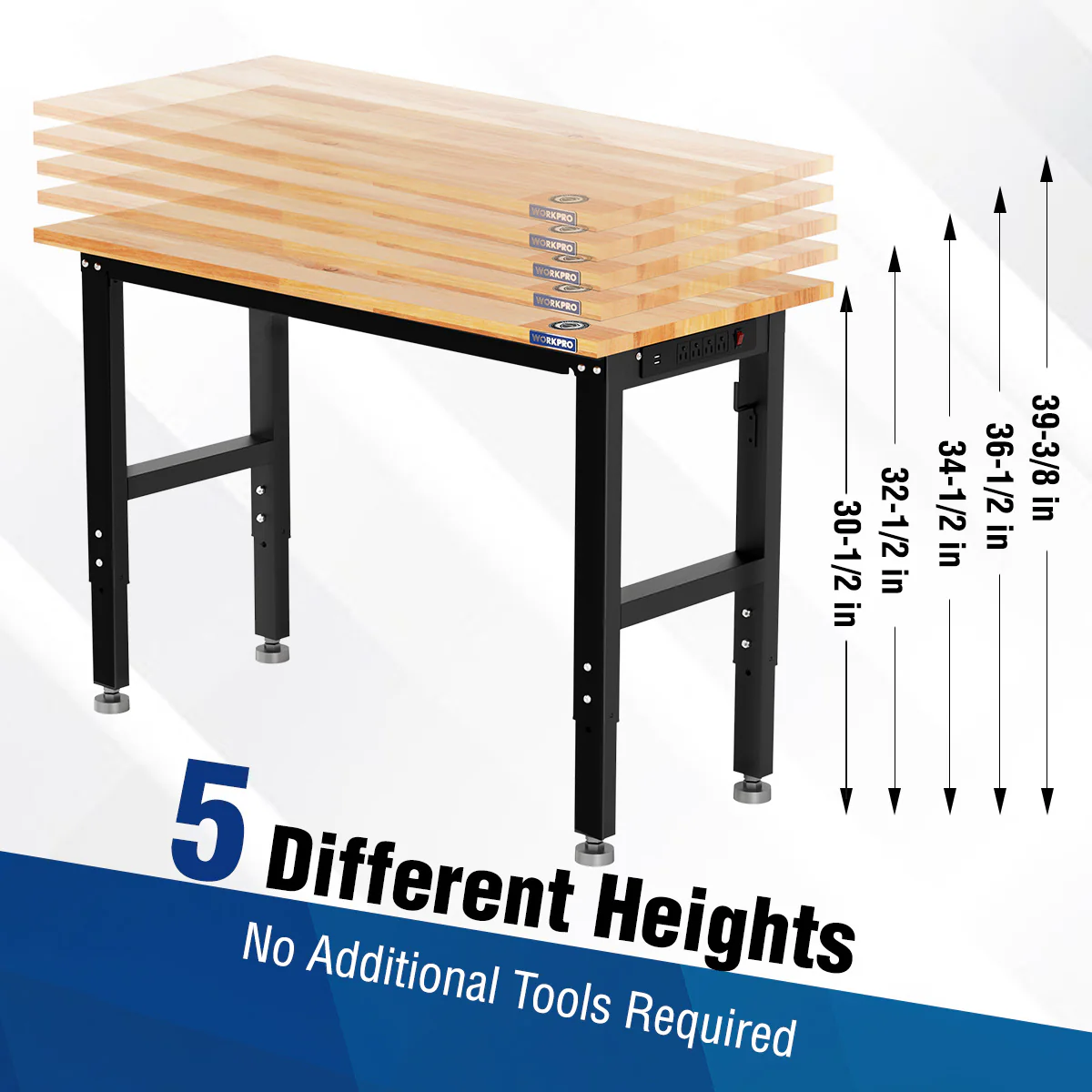 WORKPRO 60” x 24" Adjustable Workbench 1500 LBS Load Capacity Hardwood Worktable with Power Outlets, Leveling Foot - Image 3