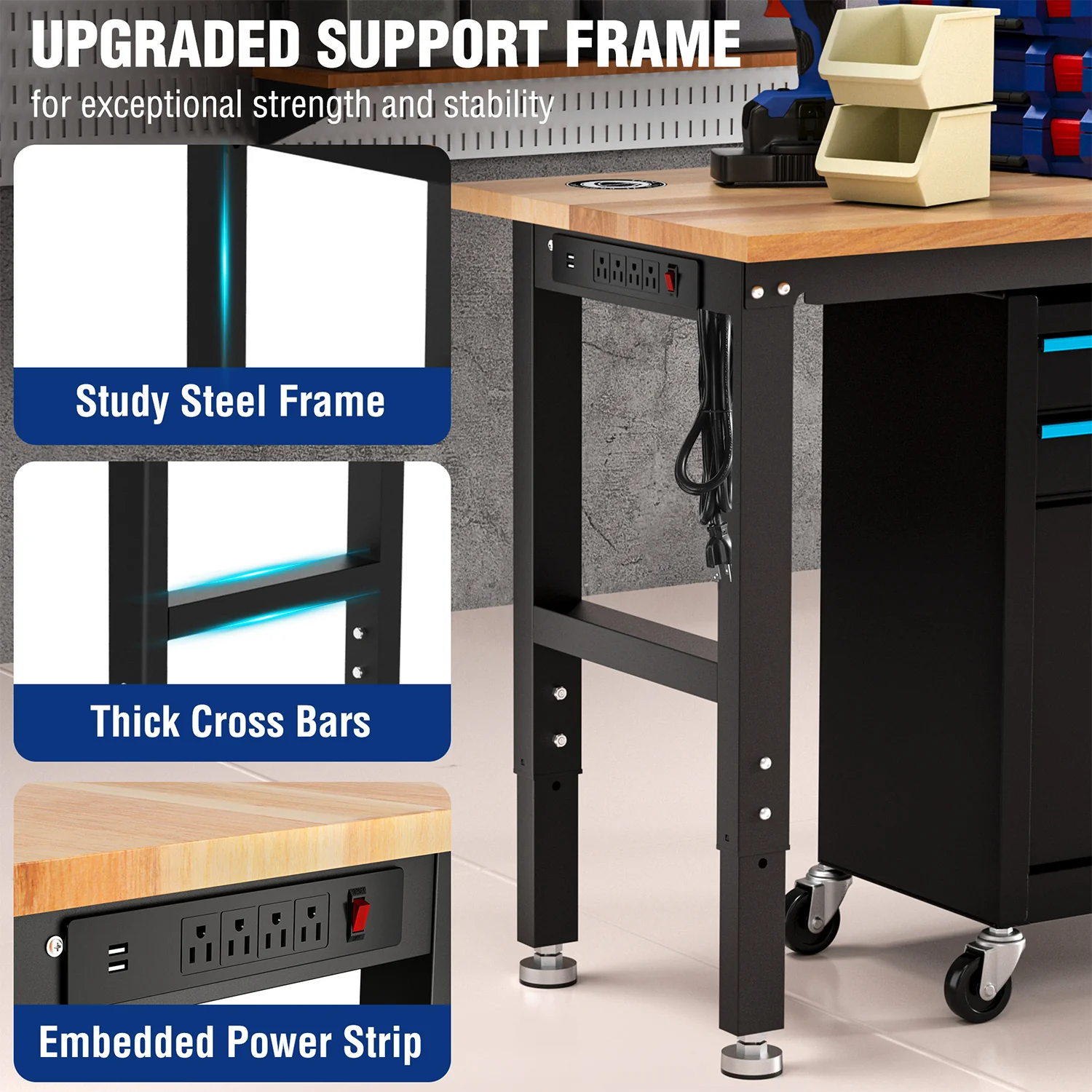 WORKPRO 60” x 24" Adjustable Workbench 1500 LBS Load Capacity Hardwood Worktable with Power Outlets, Leveling Foot - Image 5