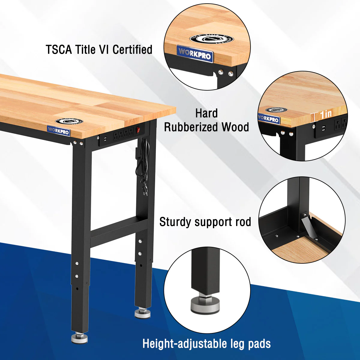 WORKPRO 60” x 24" Adjustable Workbench 1500 LBS Load Capacity Hardwood Worktable with Power Outlets, Leveling Foot - Image 6