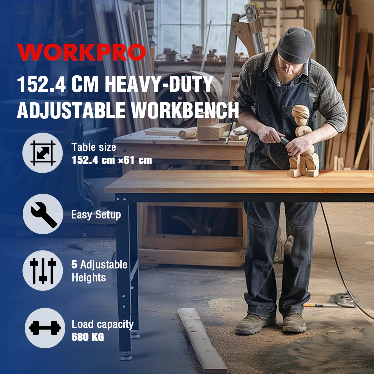WORKPRO 60” x 24" Adjustable Workbench 1500 LBS Load Capacity Hardwood Worktable with Power Outlets, Leveling Foot - Image 7
