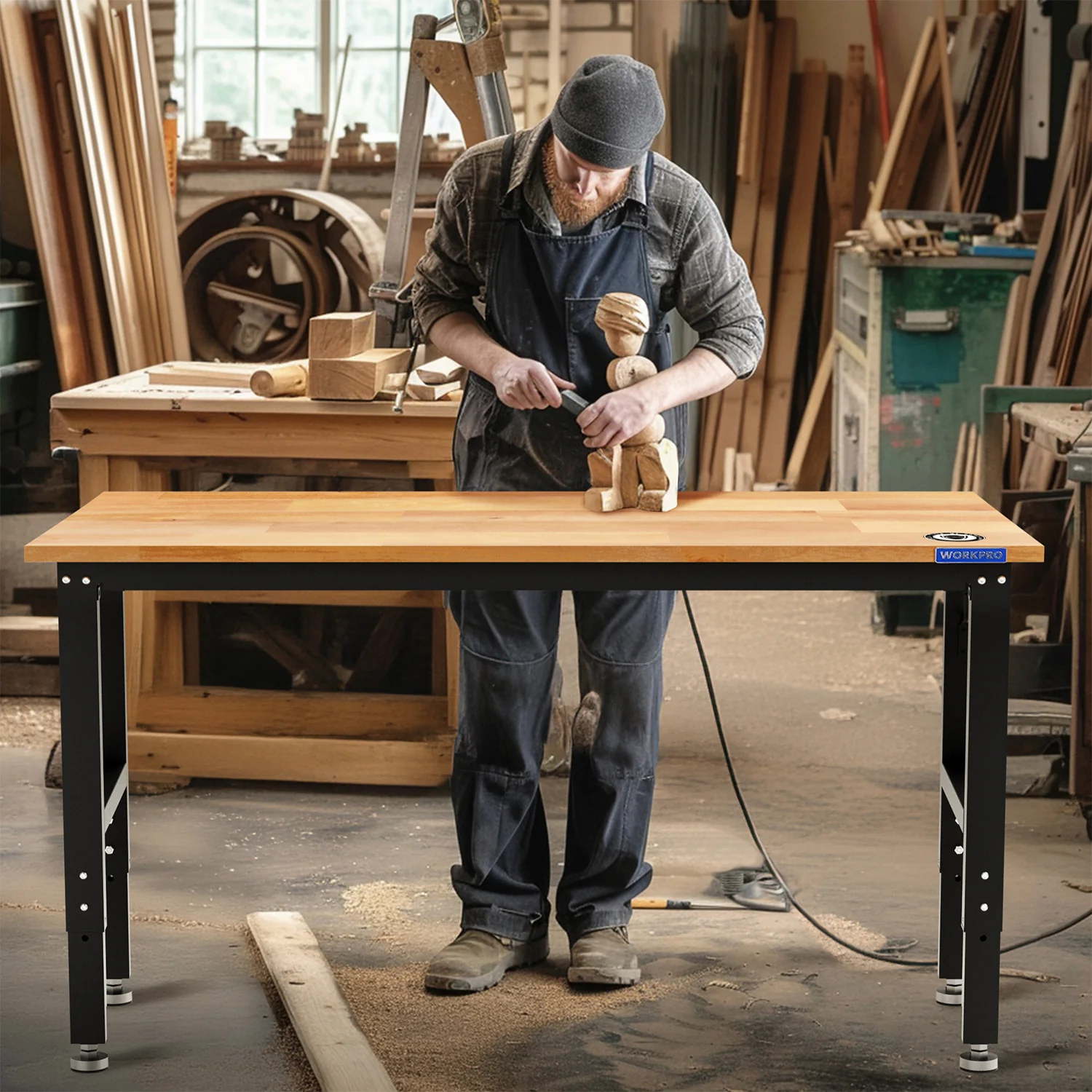 WORKPRO 60” x 24" Adjustable Workbench 1500 LBS Load Capacity Hardwood Worktable with Power Outlets, Leveling Foot - Image 9