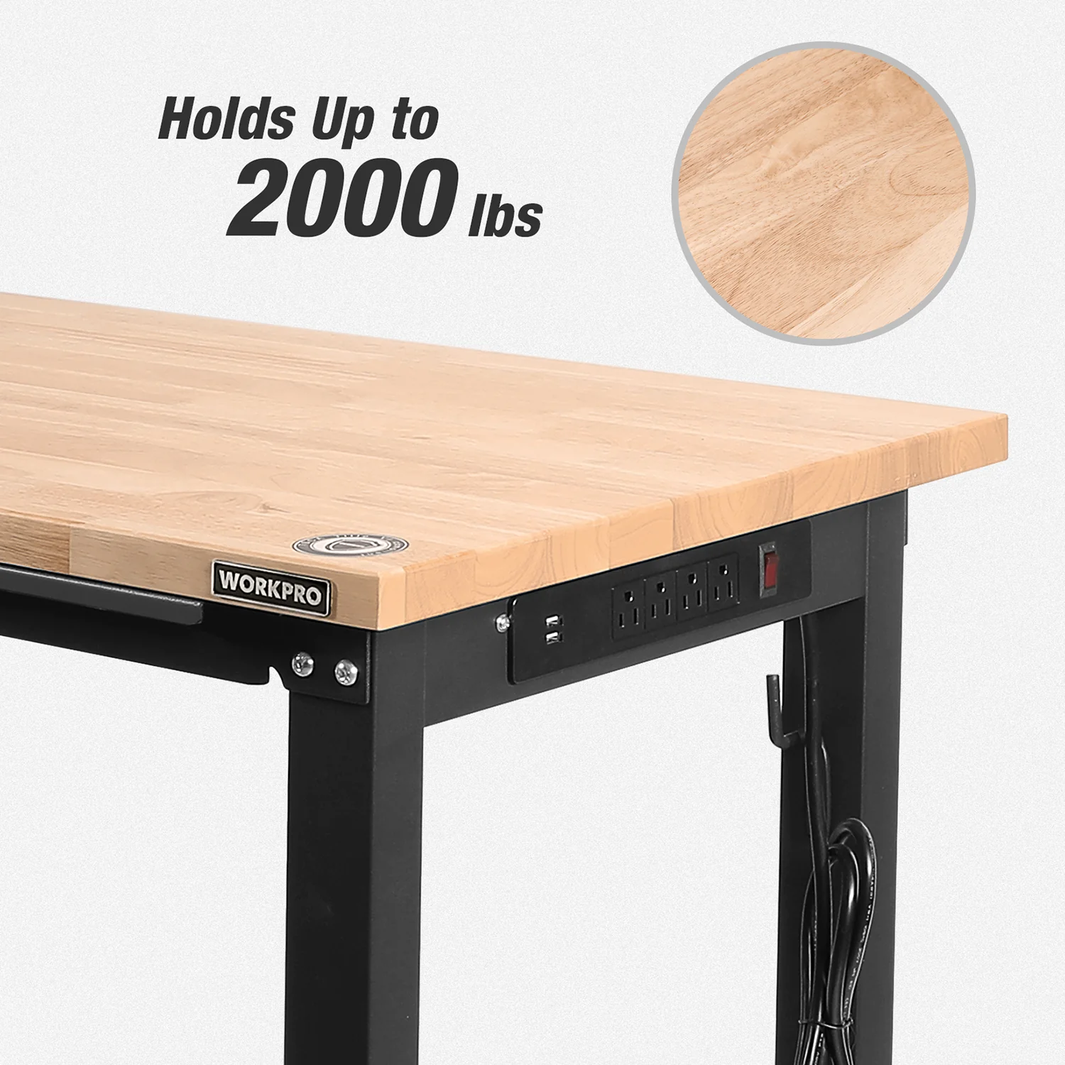 WORKPRO 60" Adjustable Workbench 2000 LBS Load Capacity Hardwood Worktable with Power Outlets - Image 5