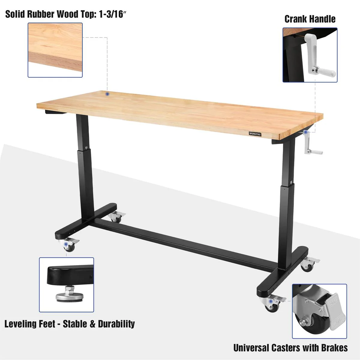 WORKPRO 60" Height Adjustable Work Table with Crank Handle, with Casters and Leveling Feet, 500 Lbs Load Capacity - Image 3