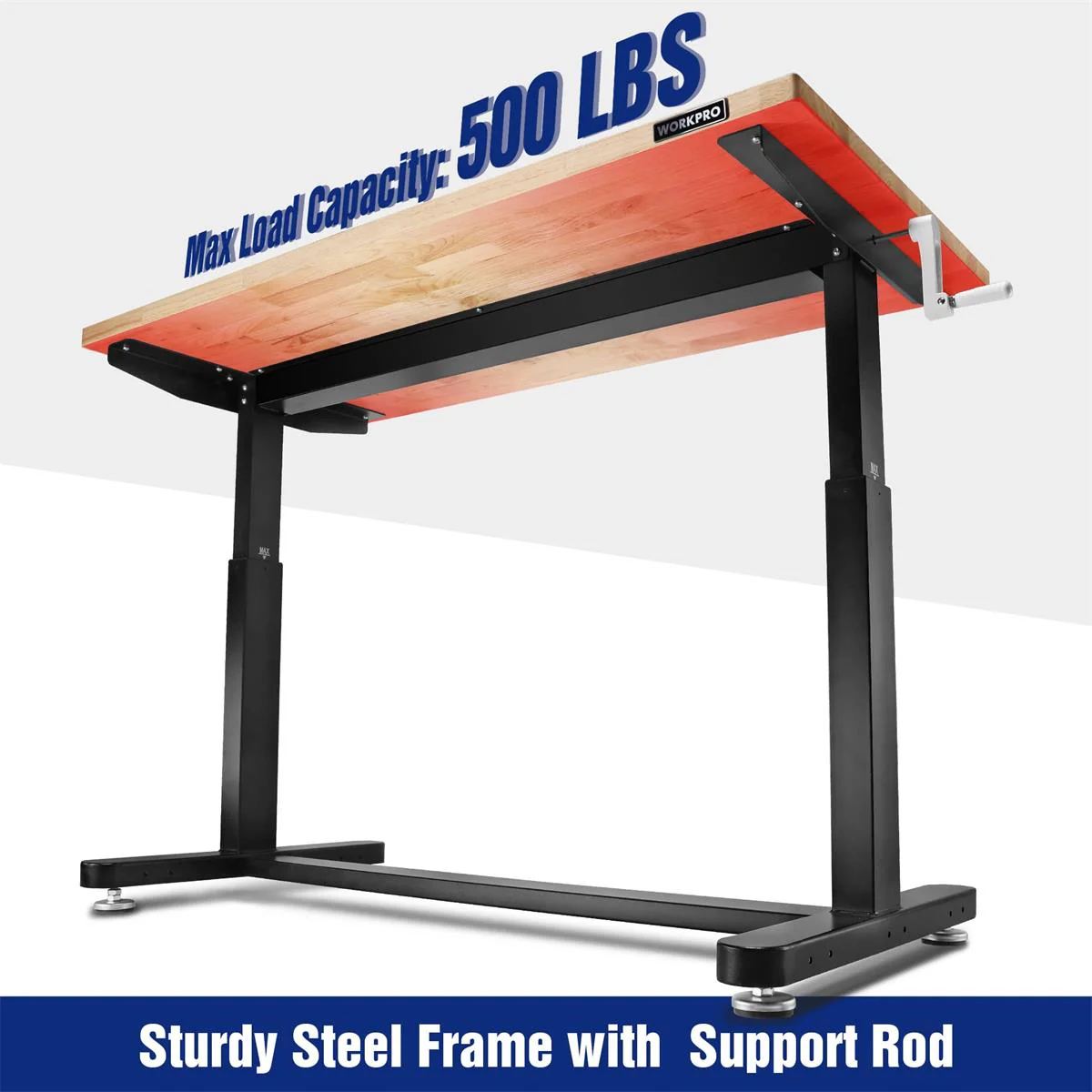 WORKPRO 60" Height Adjustable Work Table with Crank Handle, with Casters and Leveling Feet, 500 Lbs Load Capacity - Image 4