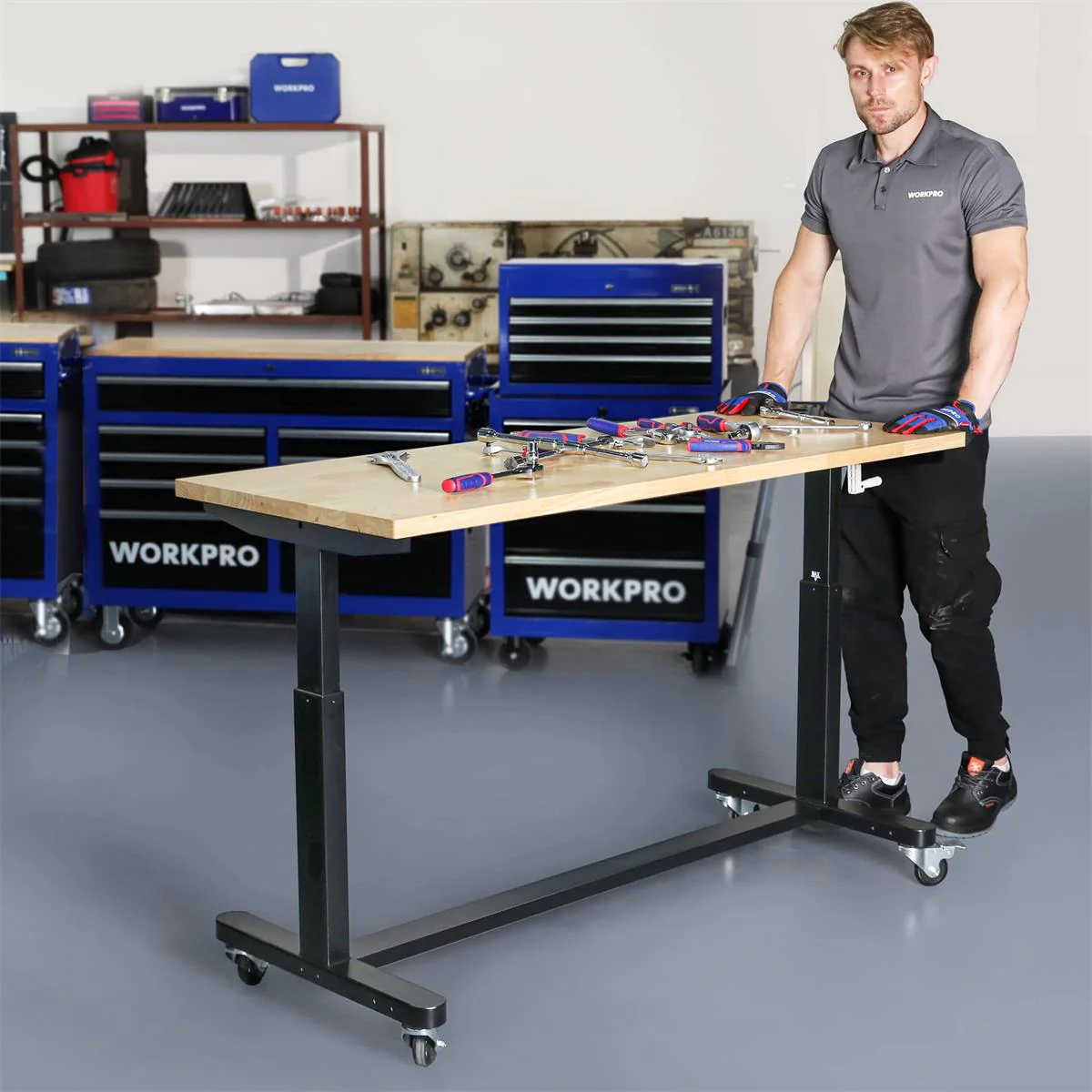 WORKPRO 60" Height Adjustable Work Table with Crank Handle, with Casters and Leveling Feet, 500 Lbs Load Capacity - Image 7