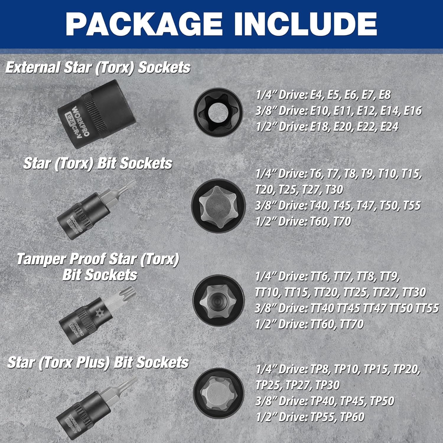 WORKPRO 60-piece Master Torx Bit Socket and External Torx Socket Set, 1/4", 3/8", 1/2" Drive Bits, Female E Sockets E4-E24, Star Socket Bits T6-T70, TT6-TT70, TP8-TP60, CR-V & S2 Alloy Steel - Image 4