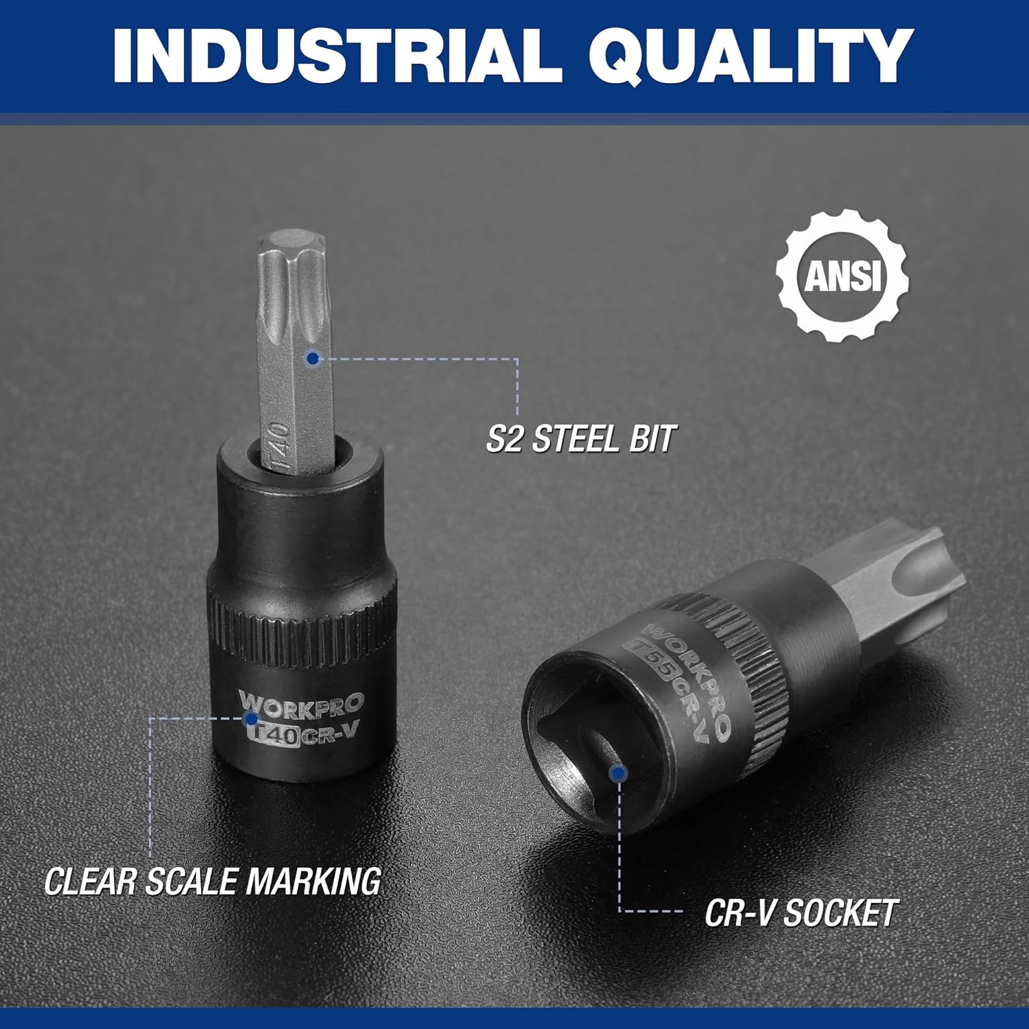 WORKPRO 60-piece Master Torx Bit Socket and External Torx Socket Set, 1/4", 3/8", 1/2" Drive Bits, Female E Sockets E4-E24, Star Socket Bits T6-T70, TT6-TT70, TP8-TP60, CR-V & S2 Alloy Steel - Image 5