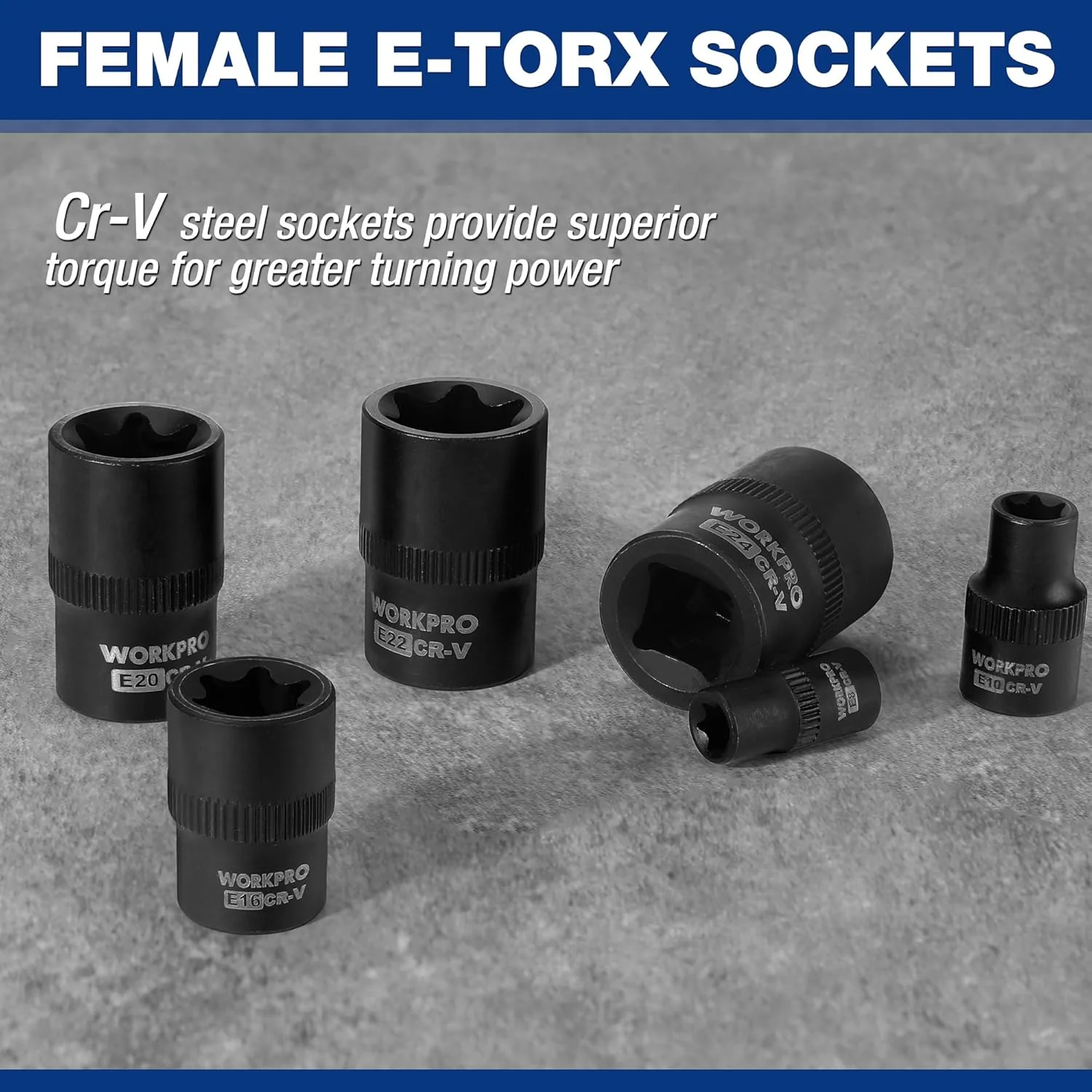 WORKPRO 60-piece Master Torx Bit Socket and External Torx Socket Set, 1/4", 3/8", 1/2" Drive Bits, Female E Sockets E4-E24, Star Socket Bits T6-T70, TT6-TT70, TP8-TP60, CR-V & S2 Alloy Steel - Image 6