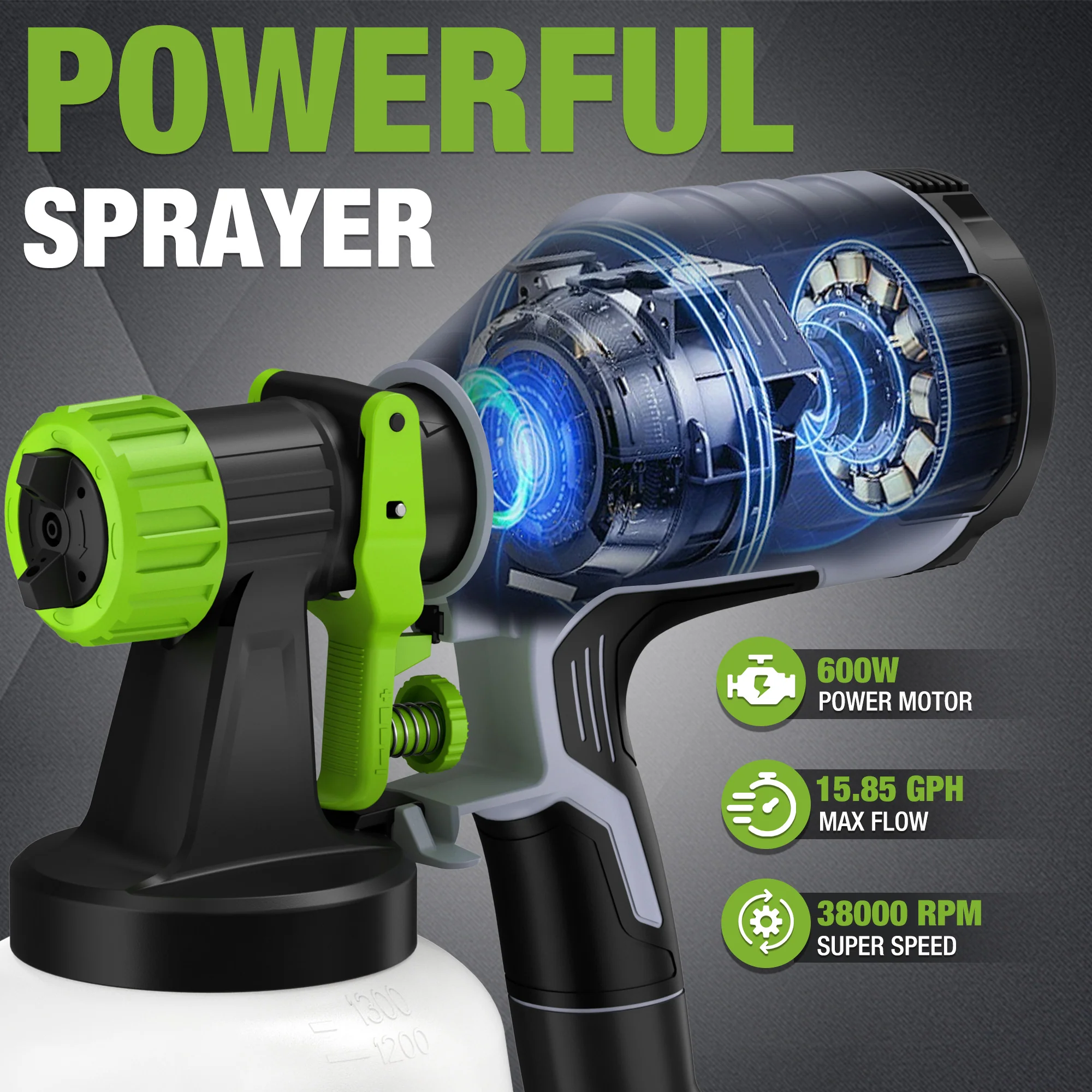 WORKPRO 600W HVLP Paint Sprayer with 4 Nozzles, 3 Spray Patterns & Adjustable Flow - Image 3