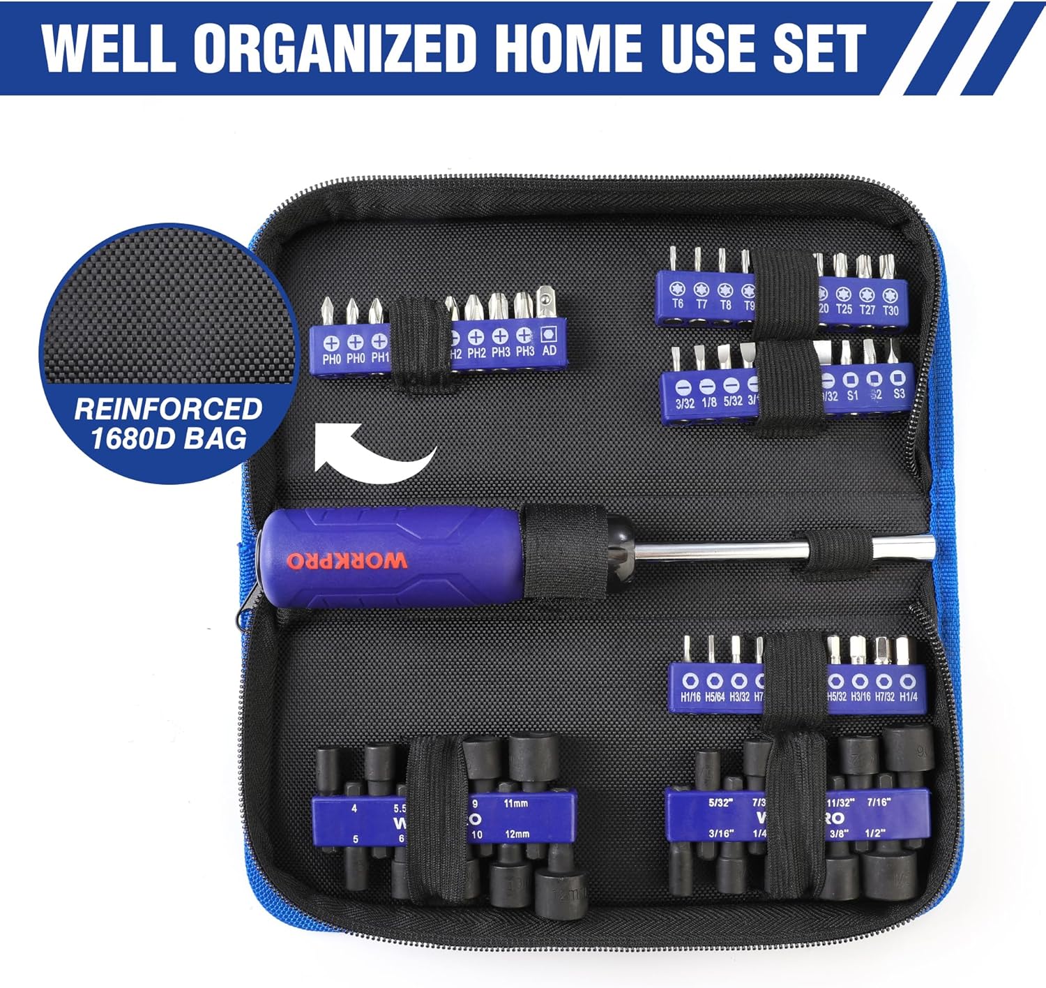 WORKPRO 61PC Magnetic Screwdriver Bits & Nut Driver Set with Organizer Bag, DIY Tools & Equipment for Men Women Mechanic, Herramientas Tool Bit Kit Home Improvement Gift, Metric & SAE - Image 6