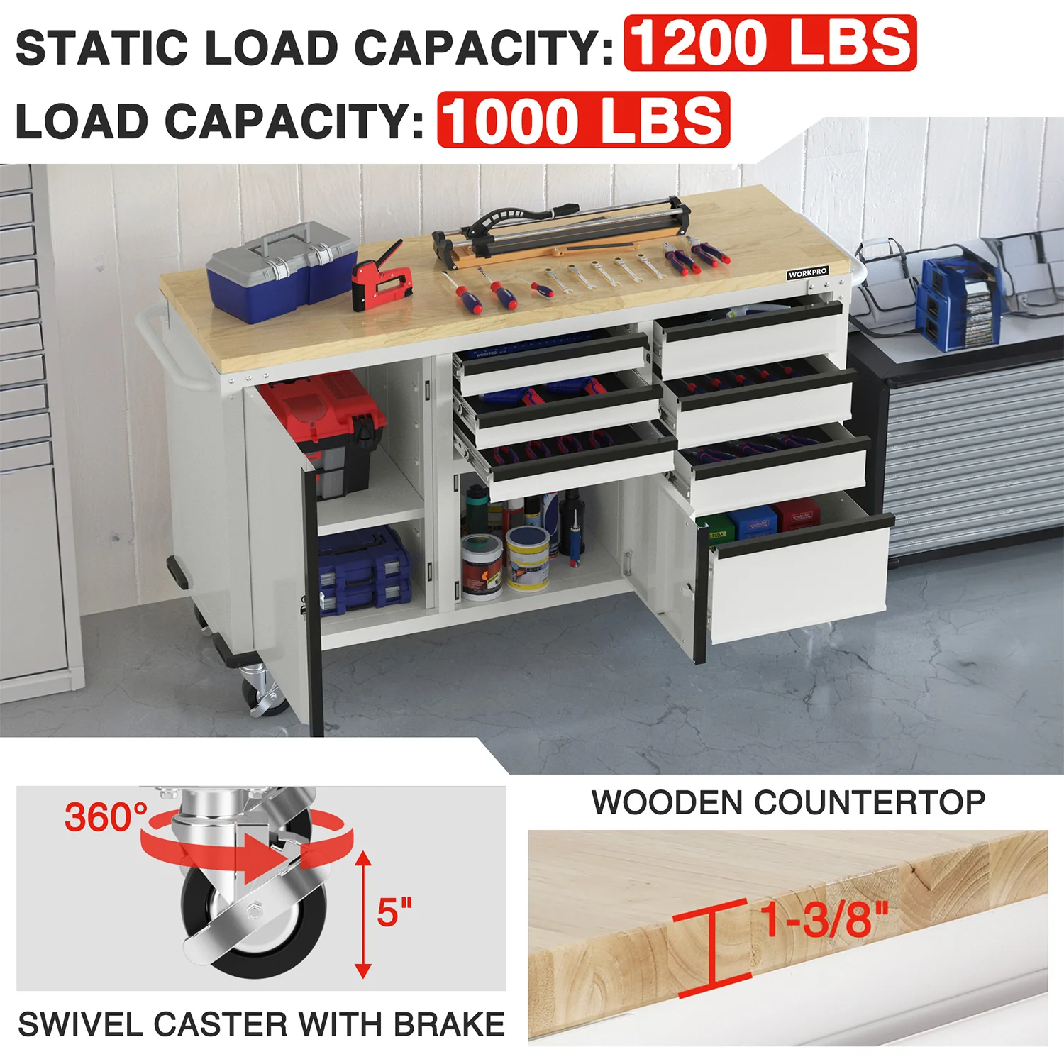 WORKPRO 62" x 20" 7-Drawer & 2-Door Rolling Tool Storage Cabinet with Power Strip, Locking System - 1000 lbs Capacity - Image 3