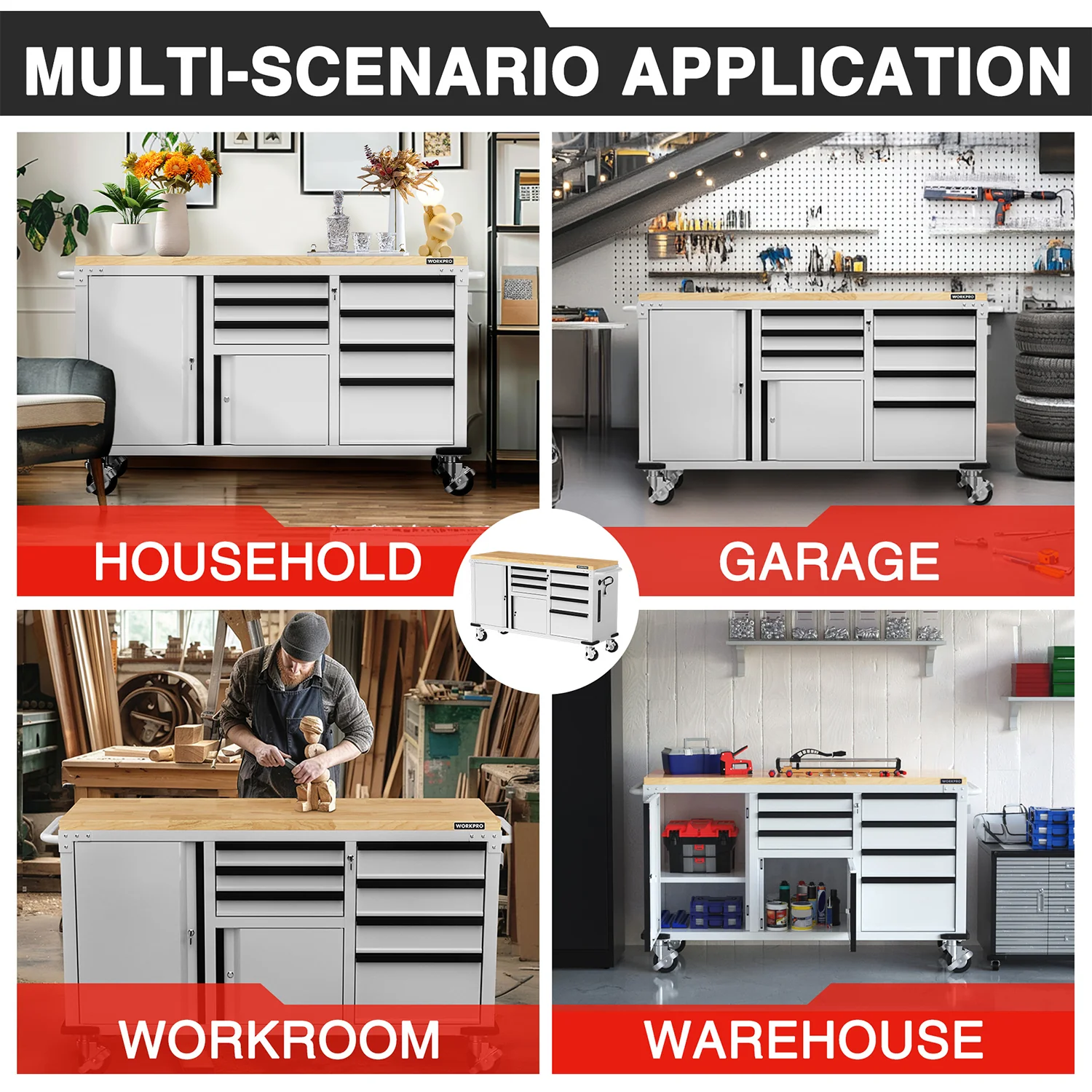 WORKPRO 62" x 20" 7-Drawer & 2-Door Rolling Tool Storage Cabinet with Power Strip, Locking System - 1000 lbs Capacity - Image 7