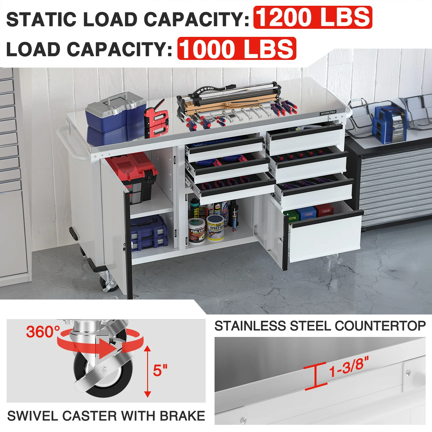 WORKPRO 62" x 20" 7-Drawer & 2-Door Rolling Tool Storage Cabinet with Stainless Countertop, Locking System - 1000 lbs Capacity - Image 3