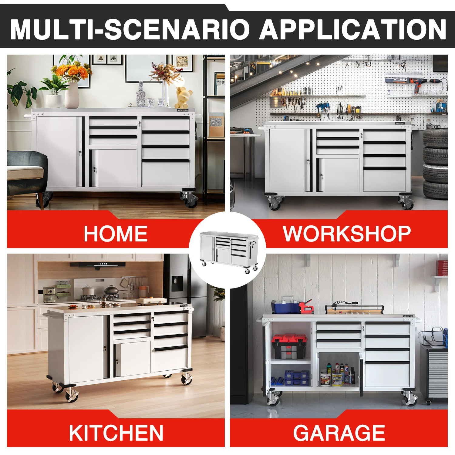 WORKPRO 62" x 20" 7-Drawer & 2-Door Rolling Tool Storage Cabinet with Stainless Countertop, Locking System - 1000 lbs Capacity - Image 8