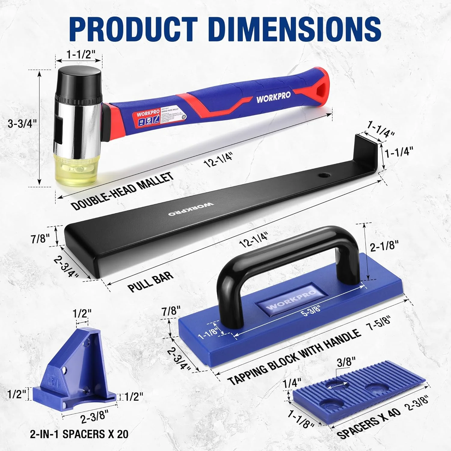 WORKPRO 63-Piece Laminate Flooring Tools, 5-in-1 Vinyl & LVP Flooring Installation Kit with Tapping Block with Handle, Heavy Duty Pull Bar, Double-Faced Mallet & 60-Piece Spacers for Pros & DIY Users - Image 2