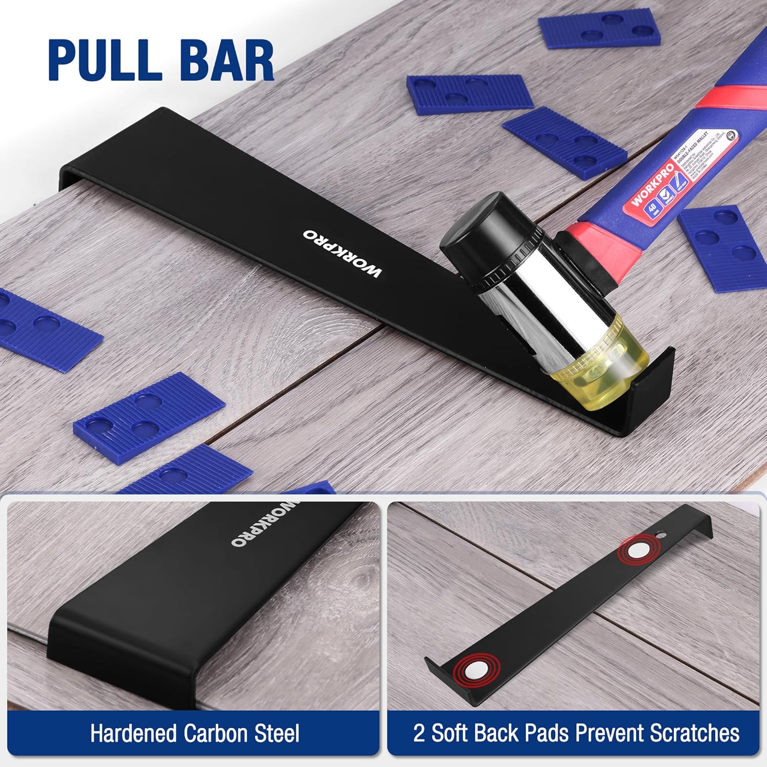 WORKPRO 63-Piece Laminate Flooring Tools, 5-in-1 Vinyl & LVP Flooring Installation Kit with Tapping Block with Handle, Heavy Duty Pull Bar, Double-Faced Mallet & 60-Piece Spacers for Pros & DIY Users - Image 5