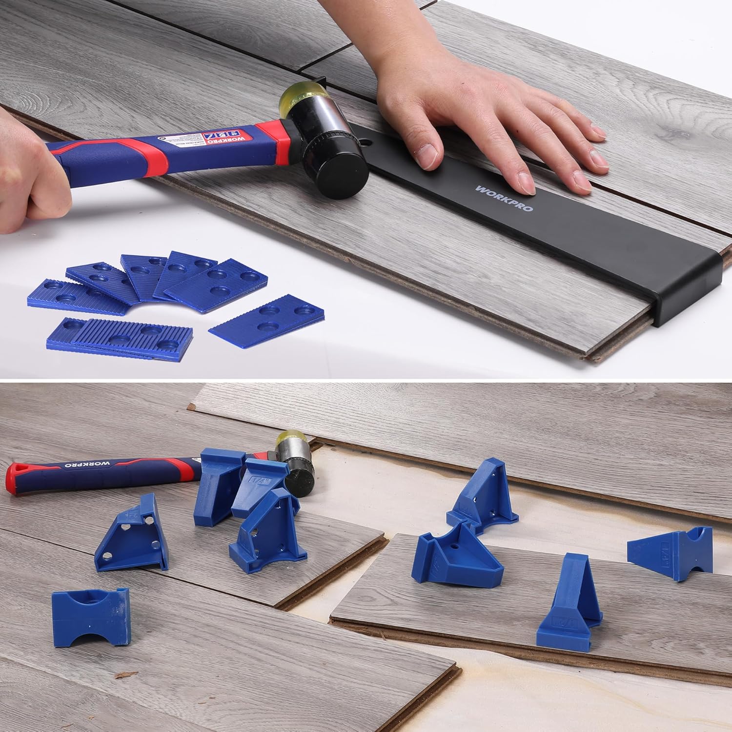 WORKPRO 63-Piece Laminate Flooring Tools, 5-in-1 Vinyl & LVP Flooring Installation Kit with Tapping Block with Handle, Heavy Duty Pull Bar, Double-Faced Mallet & 60-Piece Spacers for Pros & DIY Users - Image 8