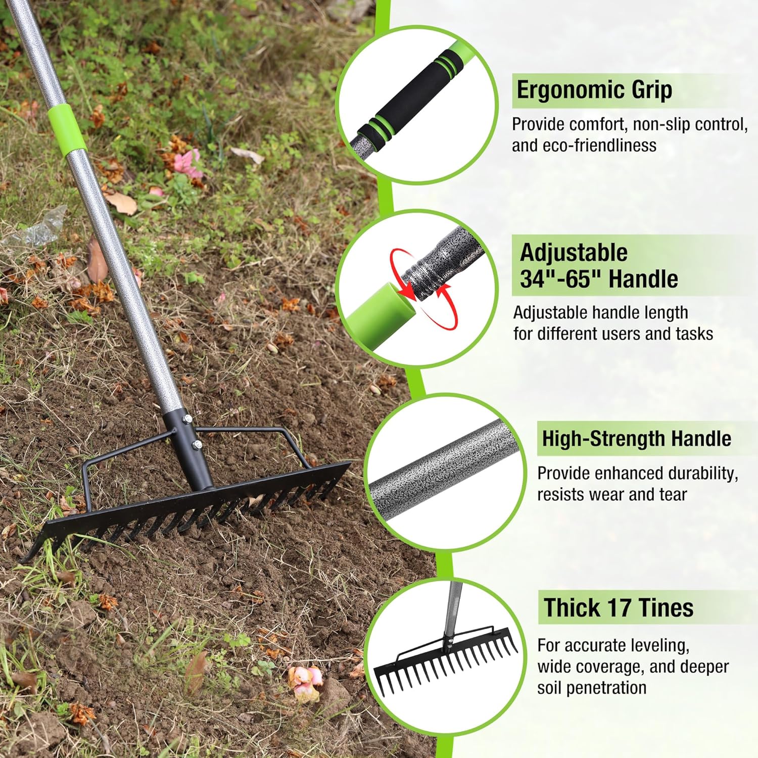 WORKPRO 65 Inch Bow Rake, 17 Tines Metal Head Rakes with Adjustable Handle | Heavy Duty Garden Rake with High Strength Handle for for Loosening Soil, Gathering Leaf, Leveling Lawn, Farming Land - Image 2