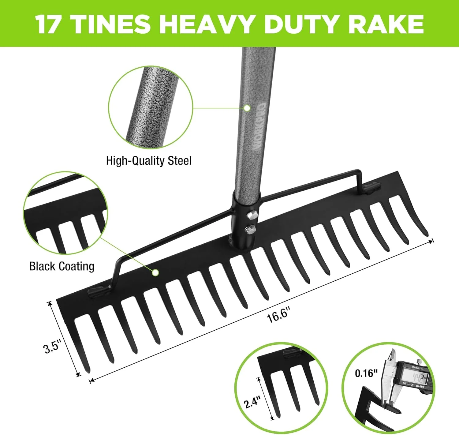 WORKPRO 65 Inch Bow Rake, 17 Tines Metal Head Rakes with Adjustable Handle | Heavy Duty Garden Rake with High Strength Handle for for Loosening Soil, Gathering Leaf, Leveling Lawn, Farming Land - Image 3