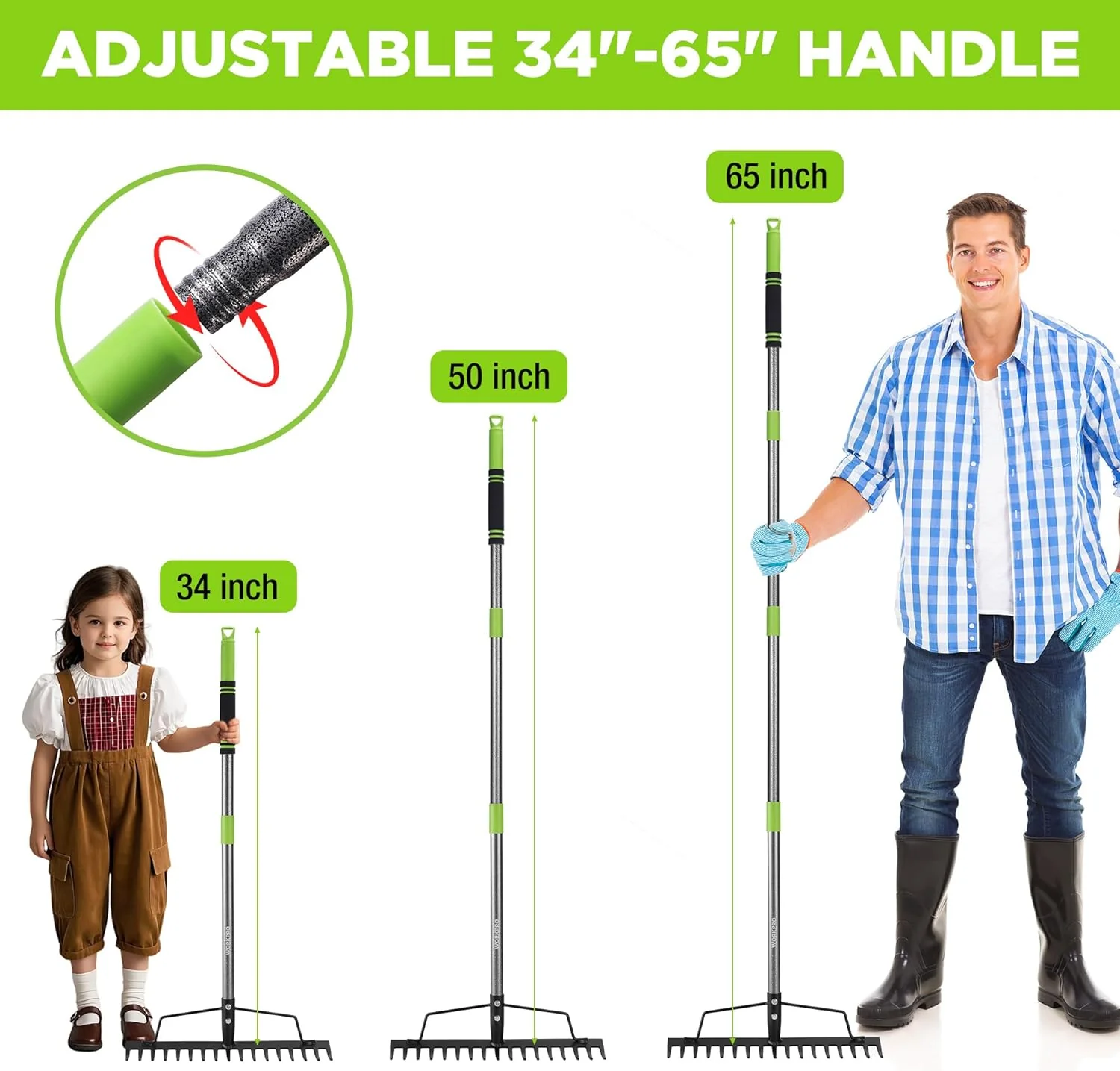 WORKPRO 65 Inch Bow Rake, 17 Tines Metal Head Rakes with Adjustable Handle | Heavy Duty Garden Rake with High Strength Handle for for Loosening Soil, Gathering Leaf, Leveling Lawn, Farming Land - Image 5
