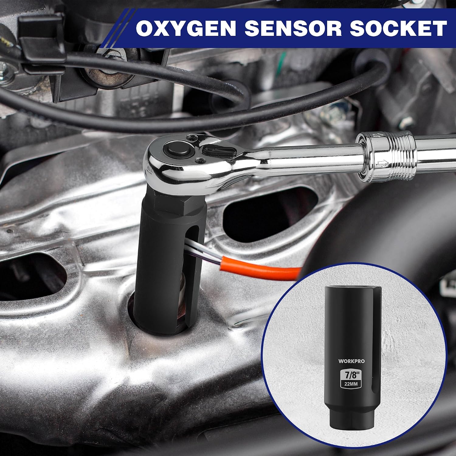 WORKPRO 6PCS O2 Oxygen Sensor Socket, Automotive 3/8" 1/2" Drive x 1-1/16" 7/8" 27mm 22mm O2 Sensor Socket Removal Tool and Thread Chaser Set, for Oil Pressure Vacuum Thermal Oxygen Sensors - Image 4