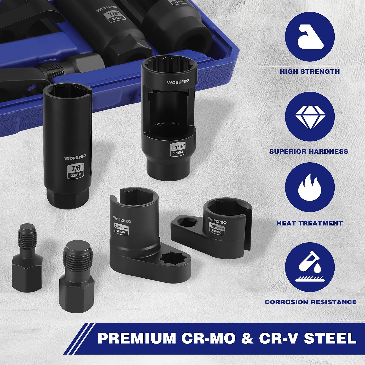 WORKPRO 6PCS O2 Oxygen Sensor Socket, Automotive 3/8" 1/2" Drive x 1-1/16" 7/8" 27mm 22mm O2 Sensor Socket Removal Tool and Thread Chaser Set, for Oil Pressure Vacuum Thermal Oxygen Sensors - Image 7