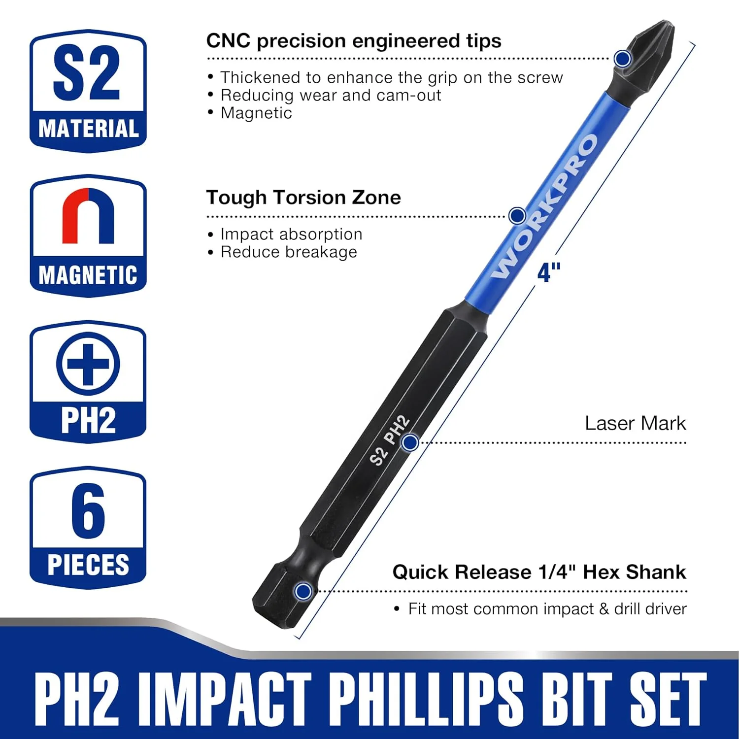 WORKPRO 6pcs PH2 Impact Phillips Screwdriver Bit Set, S2 Professional CNC Anti-Slip Magnetism Bits, 1/4" Hex-Shank #2 Phillips Impact Driver Bits, 4" Long Impact Screwdriving Bits with Holder - Image 2