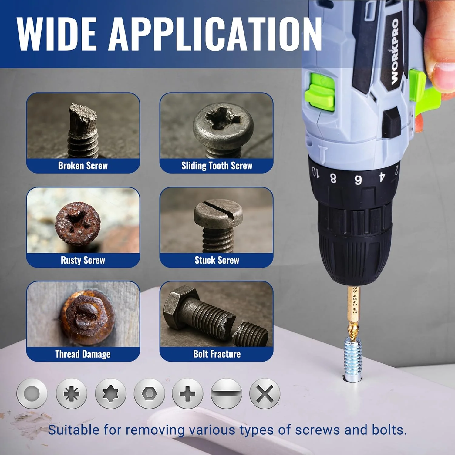 WORKPRO 6PCS Stripped Screw Extractor Set, Titanium Coated Broken Bolt Extractor Kit, Easy Out Damaged Screw Removal Tools, 4341 HSS Reverse Drill Bits with Portable Case - Image 4