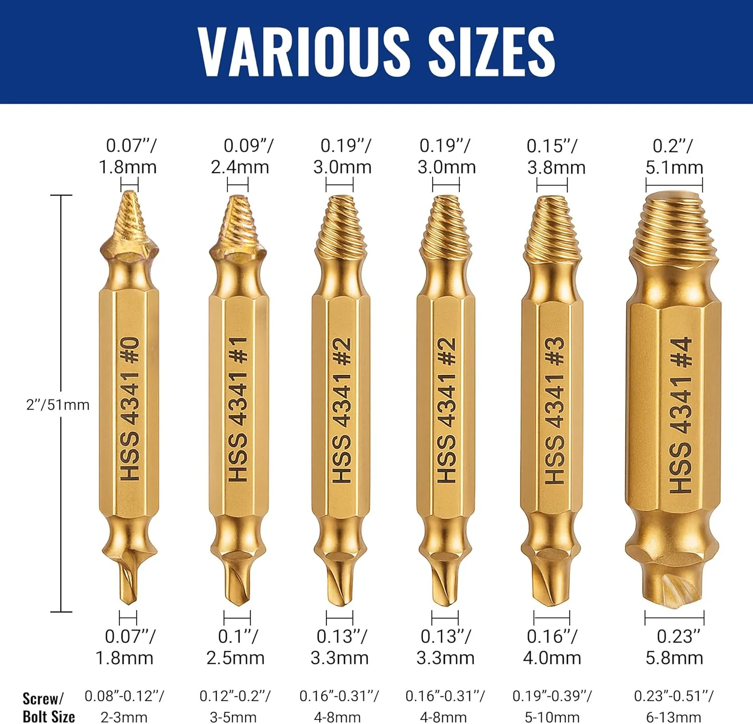 WORKPRO 6PCS Stripped Screw Extractor Set, Titanium Coated Broken Bolt Extractor Kit, Easy Out Damaged Screw Removal Tools, 4341 HSS Reverse Drill Bits with Portable Case - Image 5