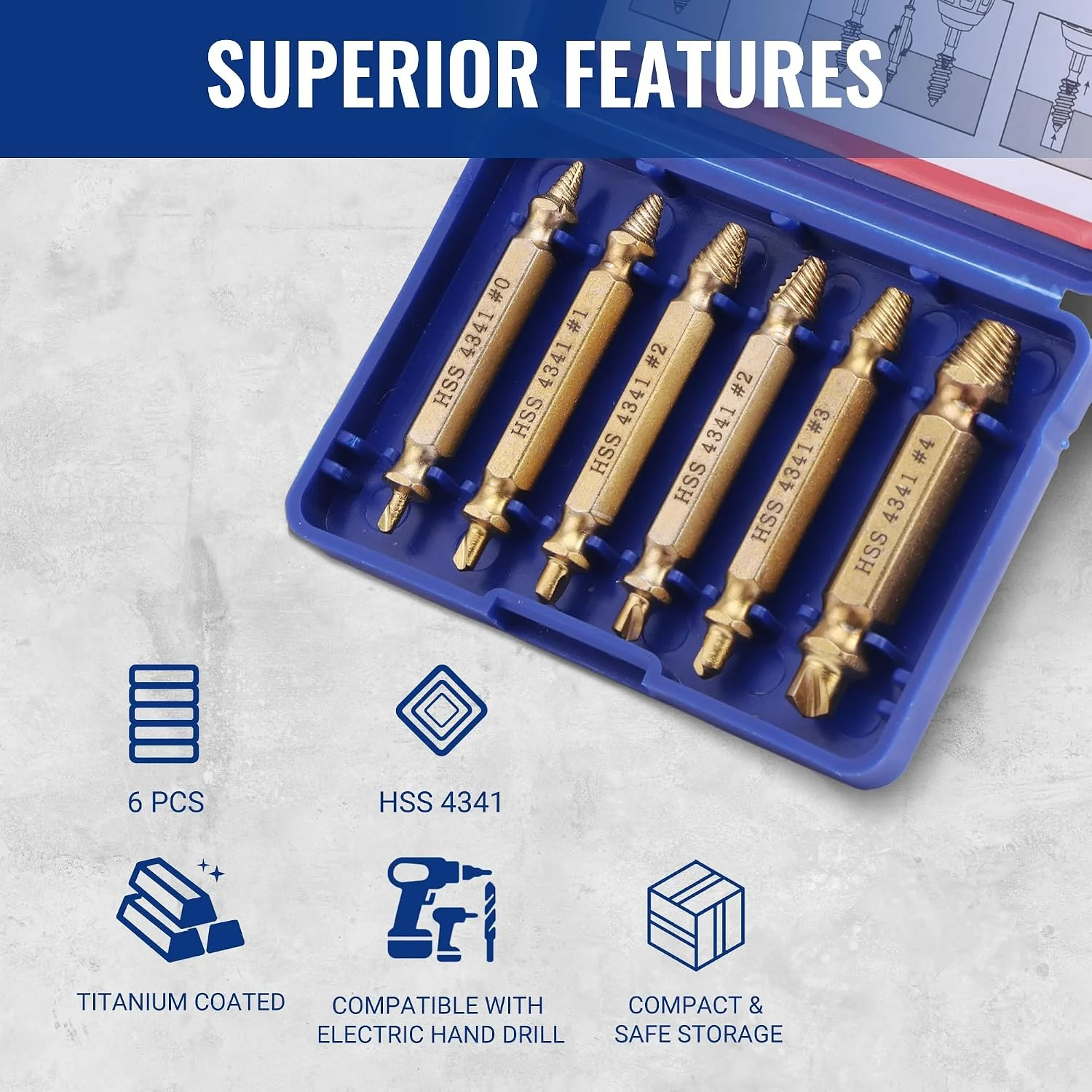WORKPRO 6PCS Stripped Screw Extractor Set, Titanium Coated Broken Bolt Extractor Kit, Easy Out Damaged Screw Removal Tools, 4341 HSS Reverse Drill Bits with Portable Case - Image 8