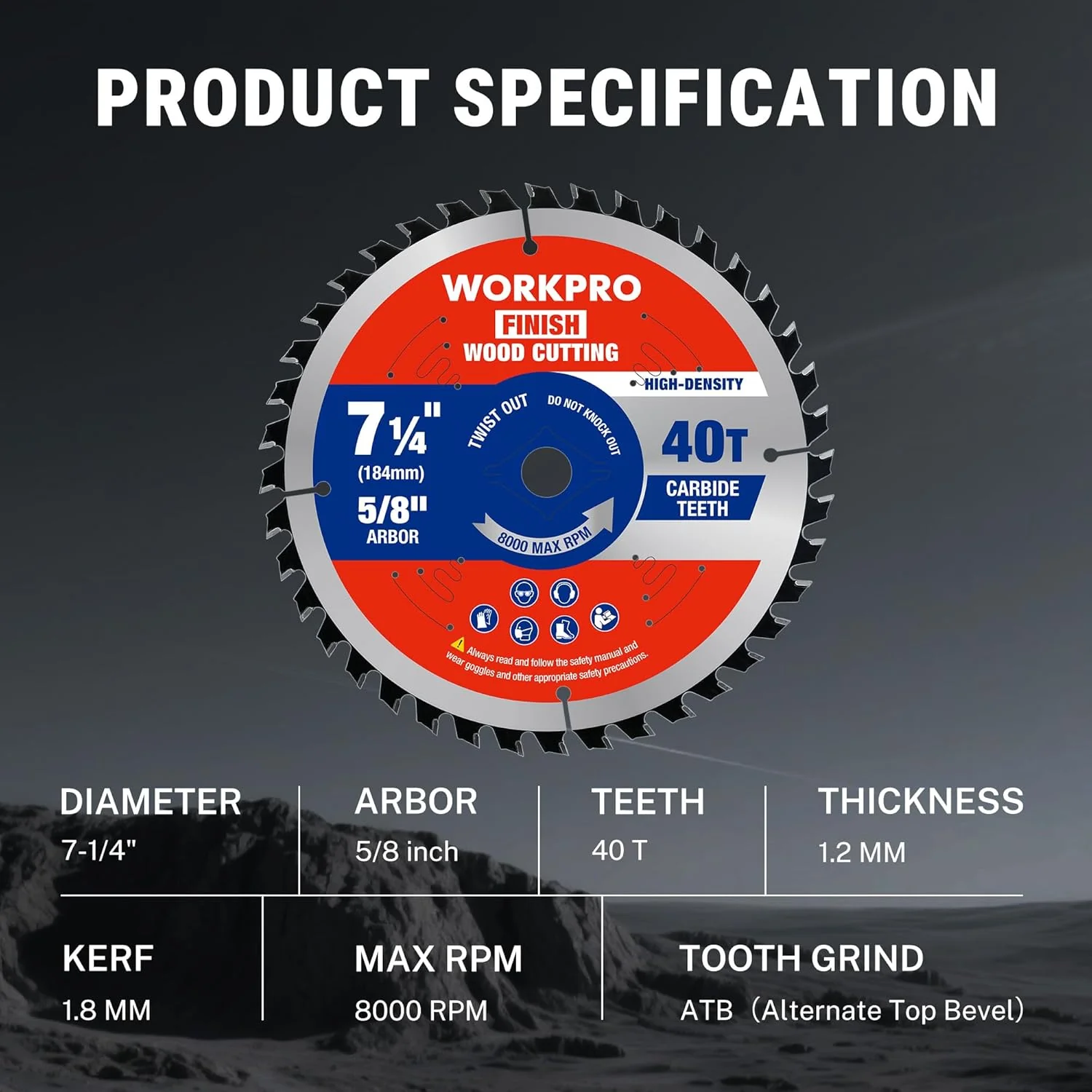 WORKPRO 7-1/4 Inch Woodworking Circular Saw Blade, 40T General Purpose Wood Cutting, Thin Kerf, Carbide Tipped, ATB Tooth, 1-Pack - Image 3