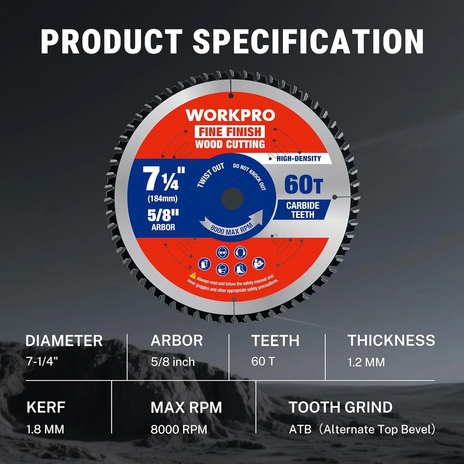 WORKPRO 7-1/4 Inch Woodworking Circular Saw Blade, 60T Fine Finish Plywood Cutting, Thin Kerf, Carbide Tipped, ATB Tooth, 1-Pack - Image 3