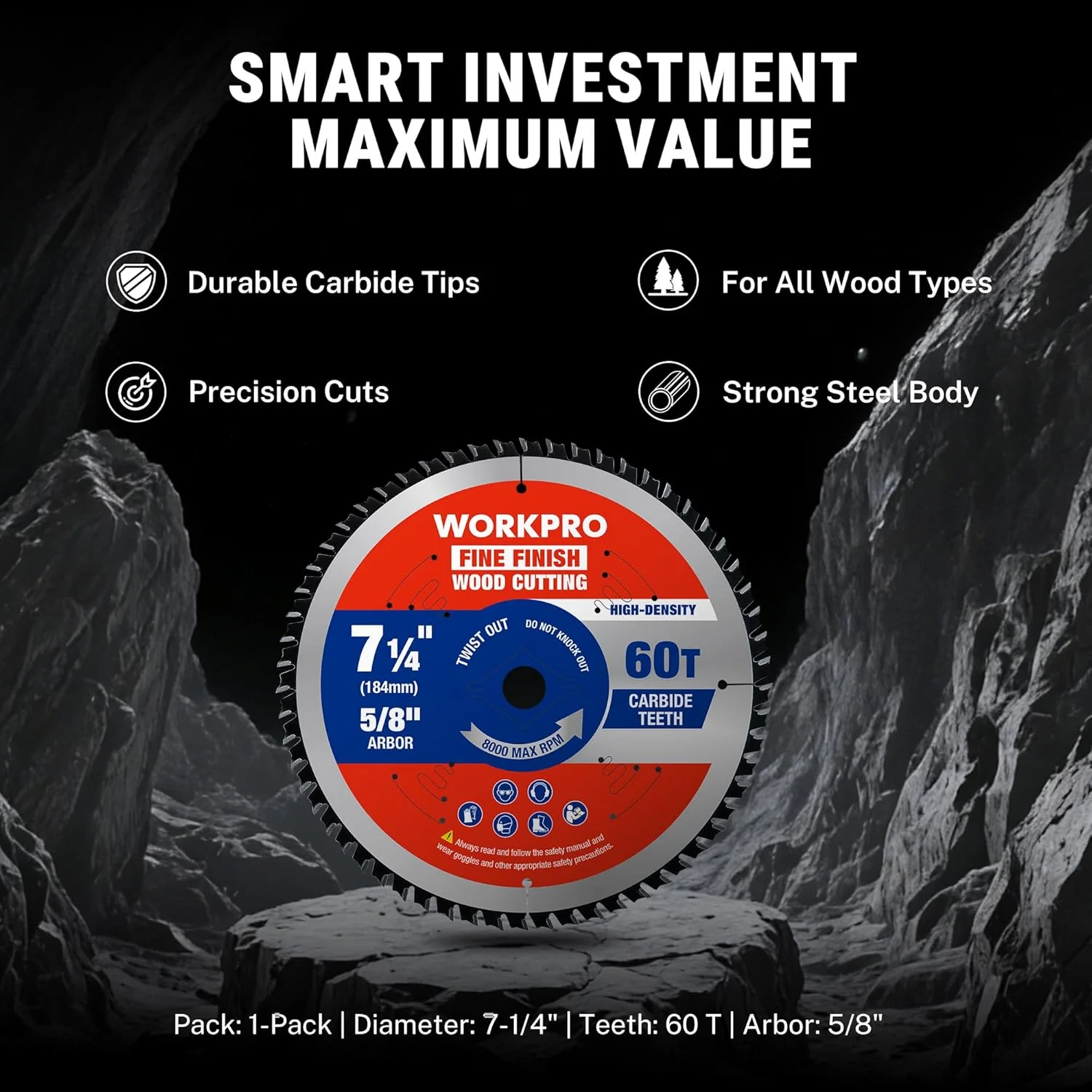 WORKPRO 7-1/4 Inch Woodworking Circular Saw Blade, 60T Fine Finish Plywood Cutting, Thin Kerf, Carbide Tipped, ATB Tooth, 1-Pack - Image 9