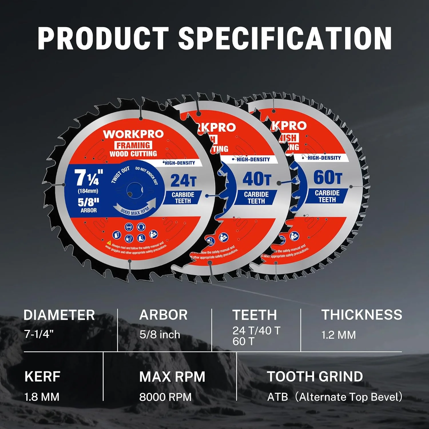 WORKPRO 7-1/4 Inch Woodworking Circular Saw Blades, 24T/40T/60T Framing, General & Finish Combo, Thin Kerf, Carbide Tipped, ATB Tooth, 3-Pack - Image 3