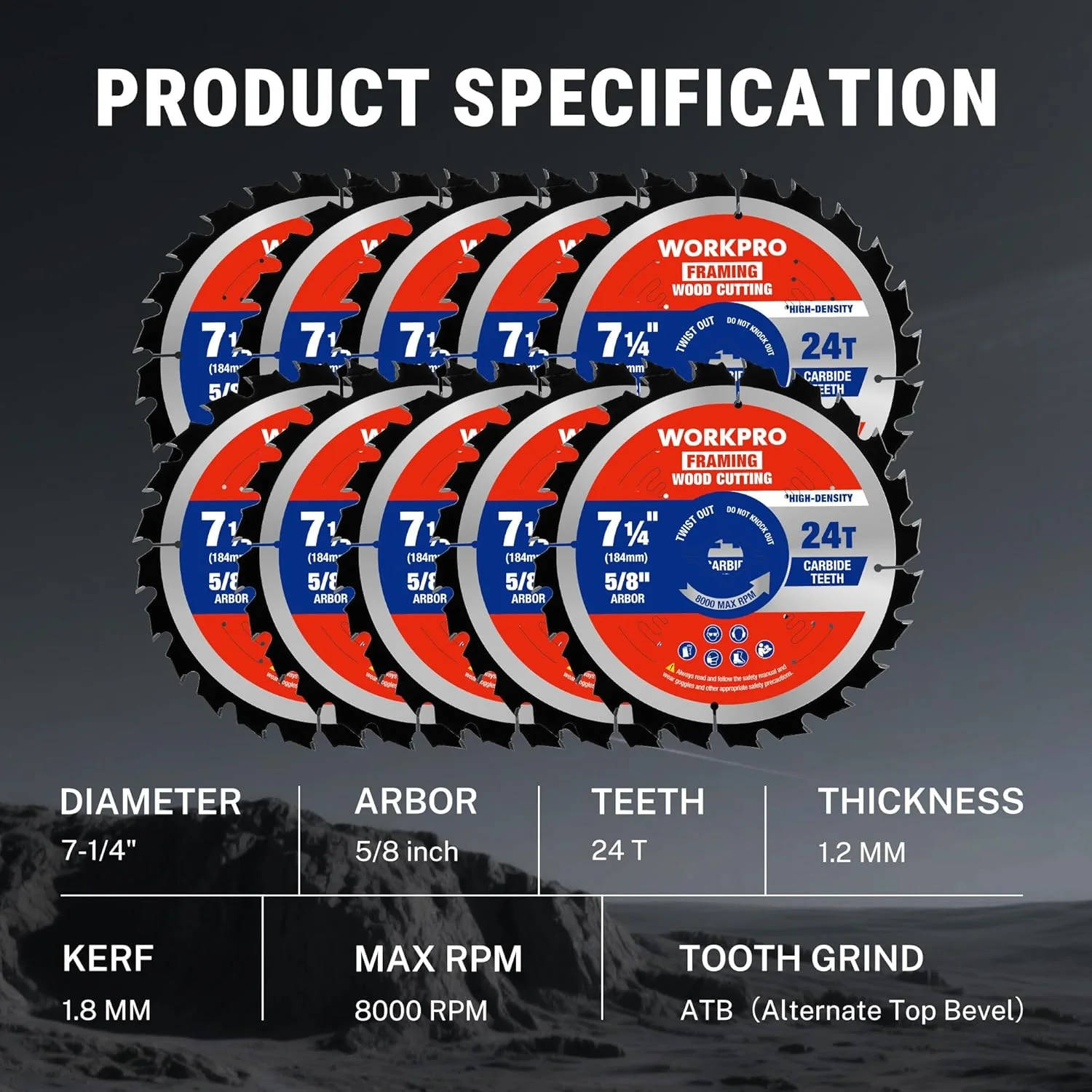 WORKPRO 7-1/4 Inch Woodworking Circular Saw Blades, 24T Contractor Bulk Framing, Thin Kerf, Carbide Tipped, ATB Tooth, 10-Pack - Image 3