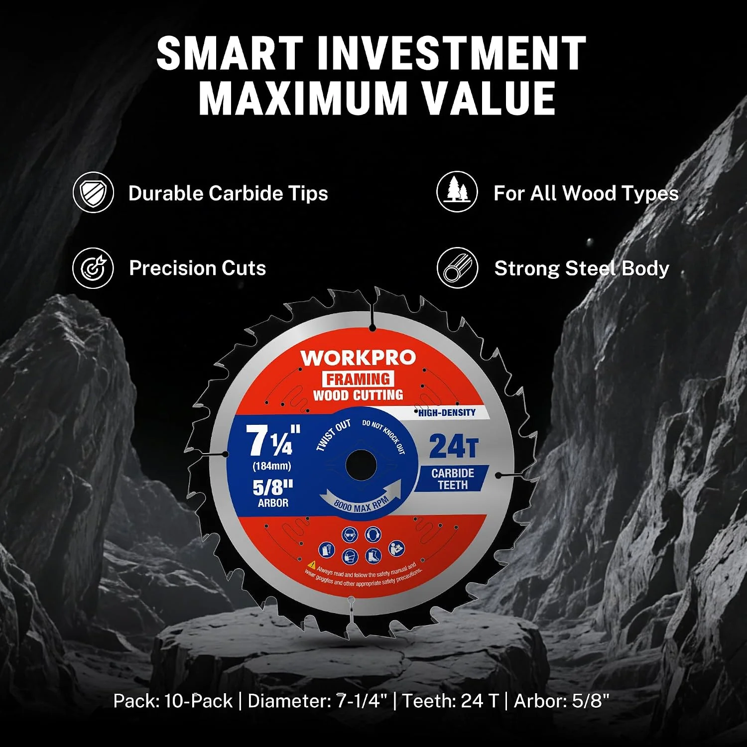 WORKPRO 7-1/4 Inch Woodworking Circular Saw Blades, 24T Contractor Bulk Framing, Thin Kerf, Carbide Tipped, ATB Tooth, 10-Pack - Image 9