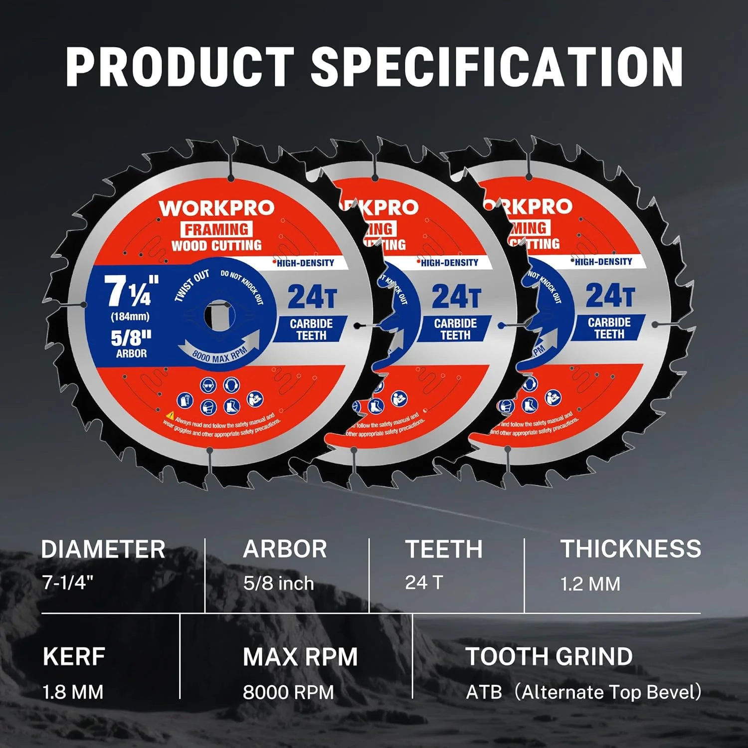 WORKPRO 7-1/4 Inch Woodworking Circular Saw Blades, 24T Framing & Fast Ripping, Thin Kerf, Carbide Tipped, ATB Tooth, 3-Pack - Image 3