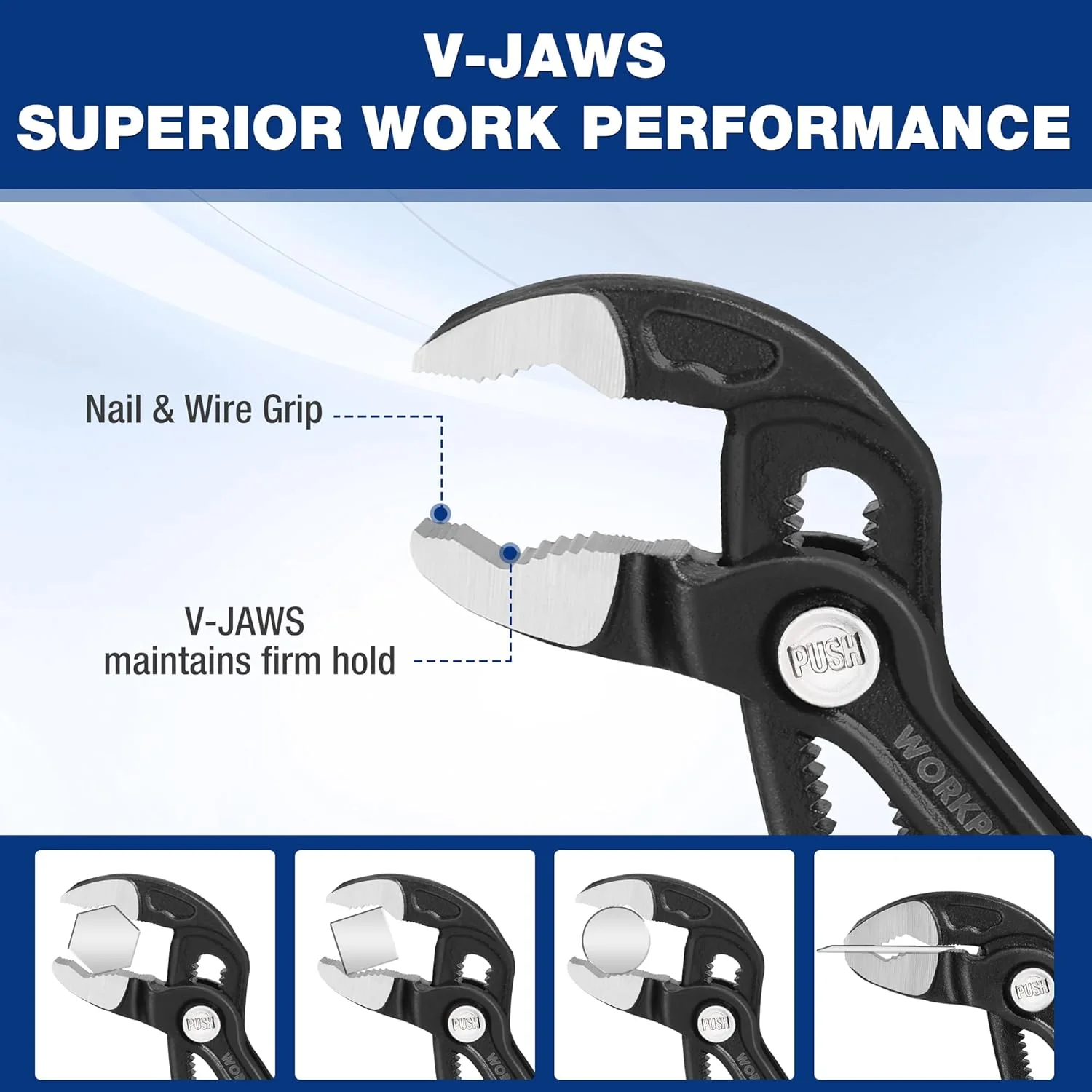 WORKPRO 7" & 10" Water Pump Pliers Set, V-Jaw Quick Adjustable Groove Joint Pliers, CR-V Tongue and Groove Pliers for Home & Industrial Repair, Push-Lock, Soft Grip, Upgraded Wide Opening - Image 3