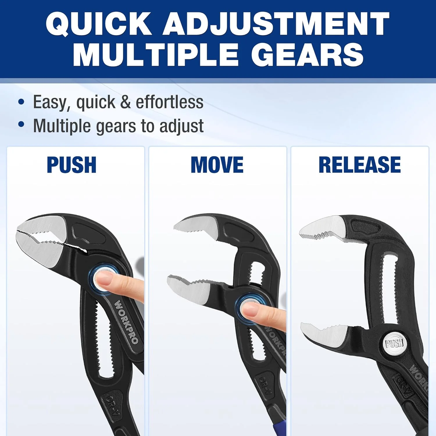 WORKPRO 7" & 10" Water Pump Pliers Set, V-Jaw Quick Adjustable Groove Joint Pliers, CR-V Tongue and Groove Pliers for Home & Industrial Repair, Push-Lock, Soft Grip, Upgraded Wide Opening - Image 4