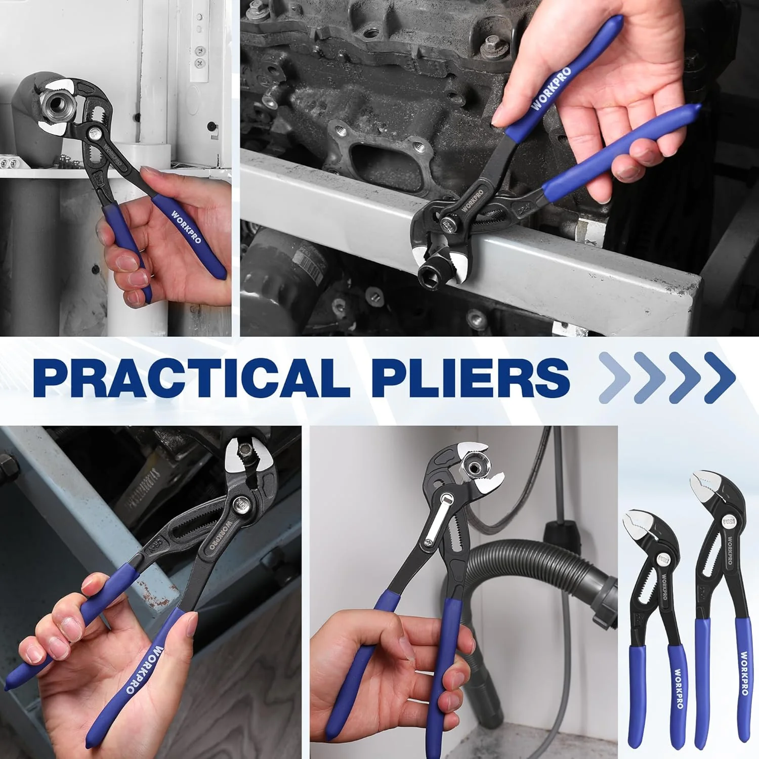 WORKPRO 7" & 10" Water Pump Pliers Set, V-Jaw Quick Adjustable Groove Joint Pliers, CR-V Tongue and Groove Pliers for Home & Industrial Repair, Push-Lock, Soft Grip, Upgraded Wide Opening - Image 7
