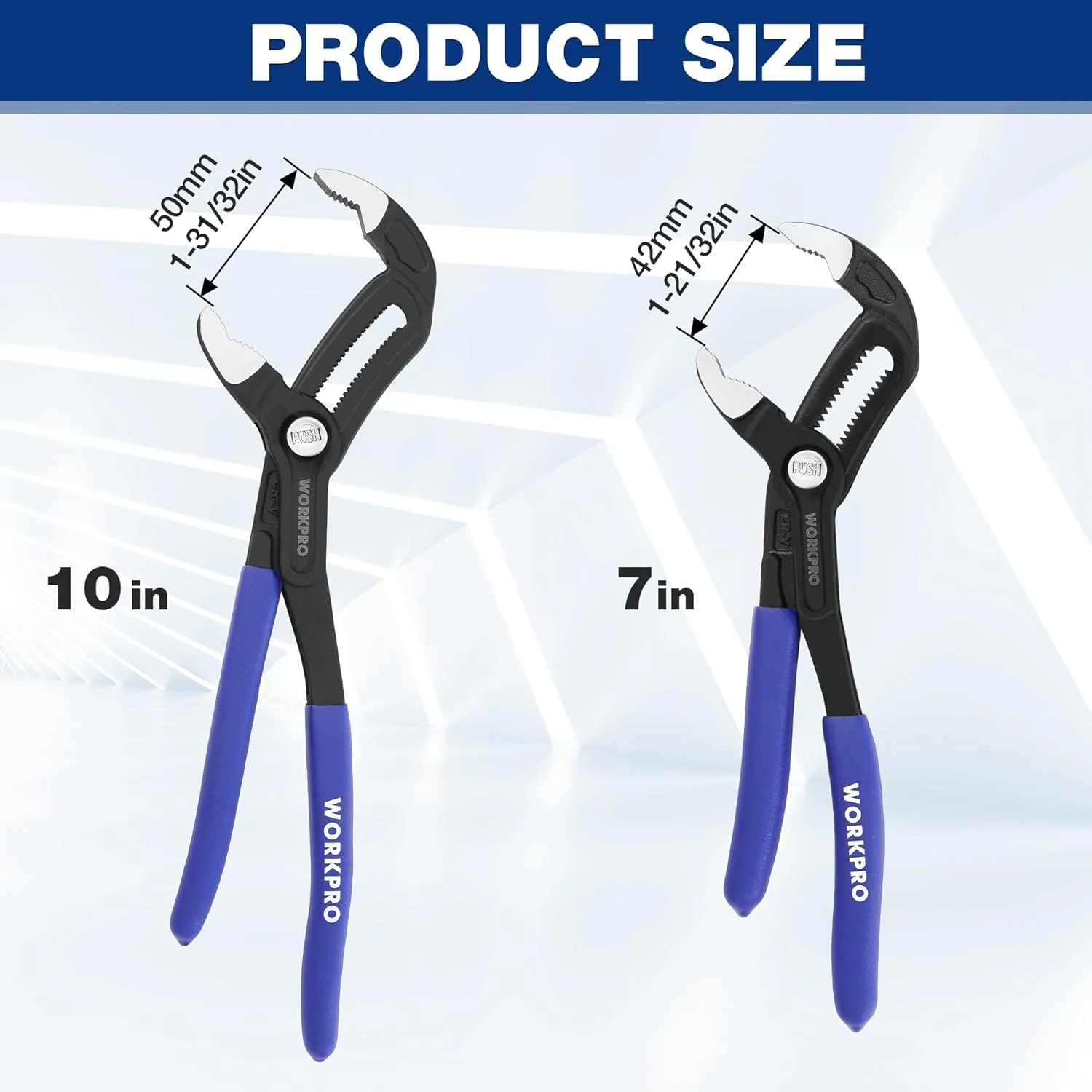 WORKPRO 7" & 10" Water Pump Pliers Set, V-Jaw Quick Adjustable Groove Joint Pliers, CR-V Tongue and Groove Pliers for Home & Industrial Repair, Push-Lock, Soft Grip, Upgraded Wide Opening - Image 8