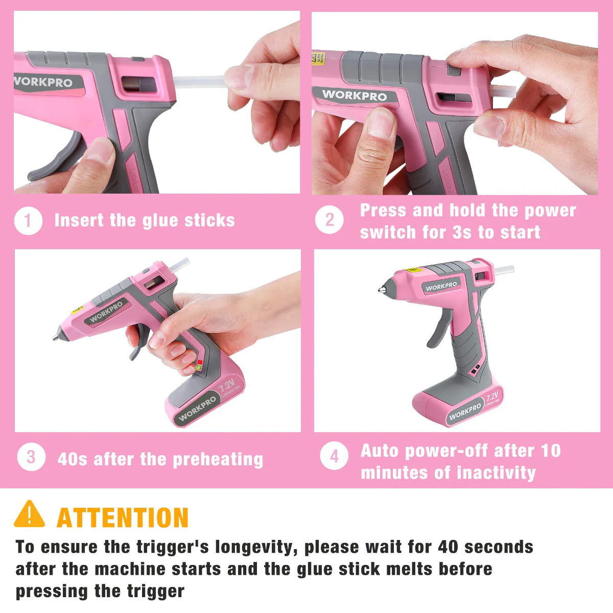 WORKPRO 7.2V Cordless Hot Melt Glue Gun Kit - Pink Ribbon - Image 5