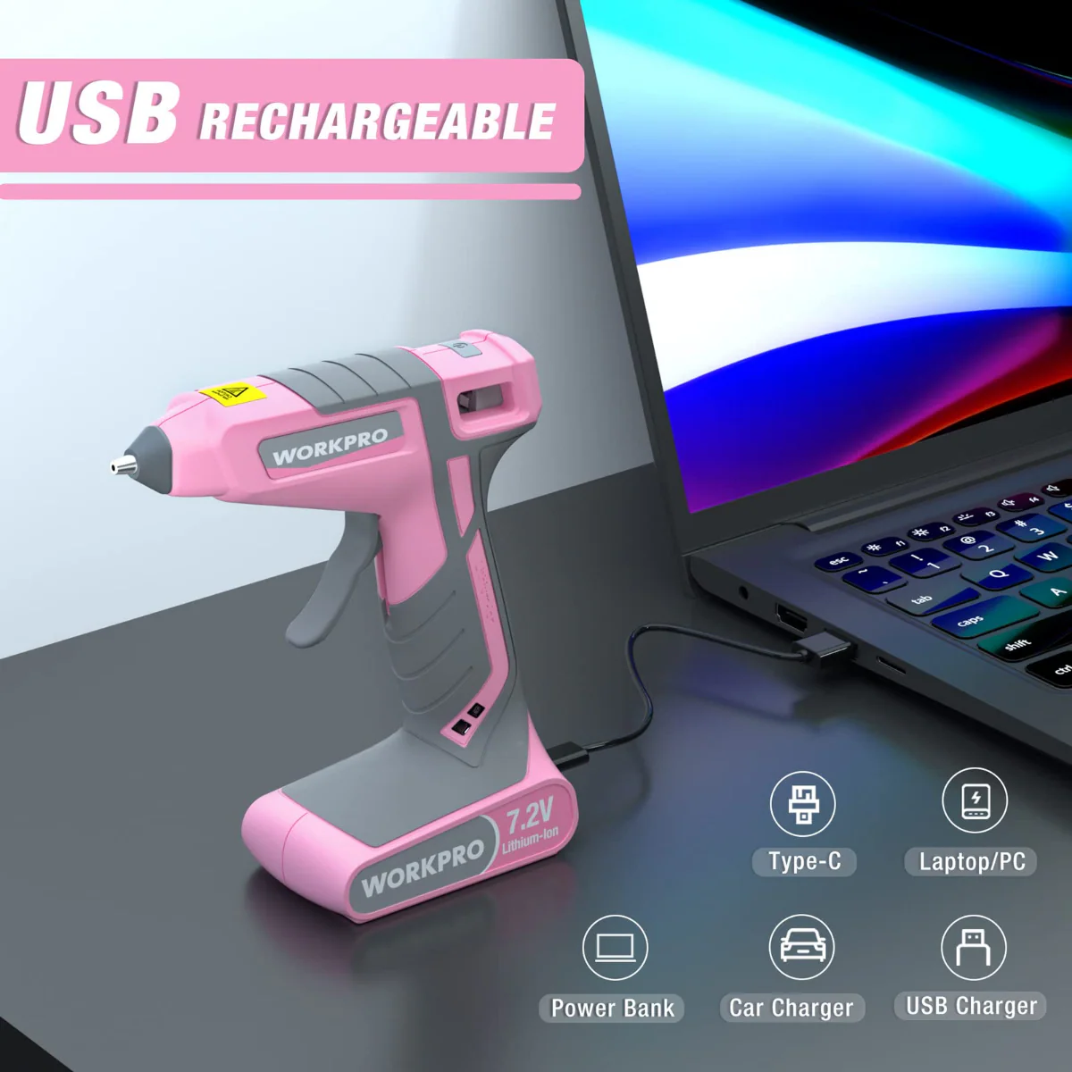 WORKPRO 7.2V Cordless Hot Melt Glue Gun Kit - Pink Ribbon - Image 6