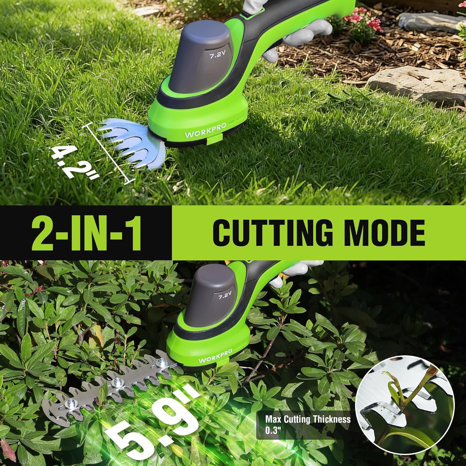 WORKPRO 7.2V Handheld Grass Trimmer, 2-in-1 Cordless Hedge Trimmer & Grass Shears with 2Ah Battery, Small Bush & Shrub Trimmer for Lawn Edging, Garden, Yard & Hedge Trimming - Image 2