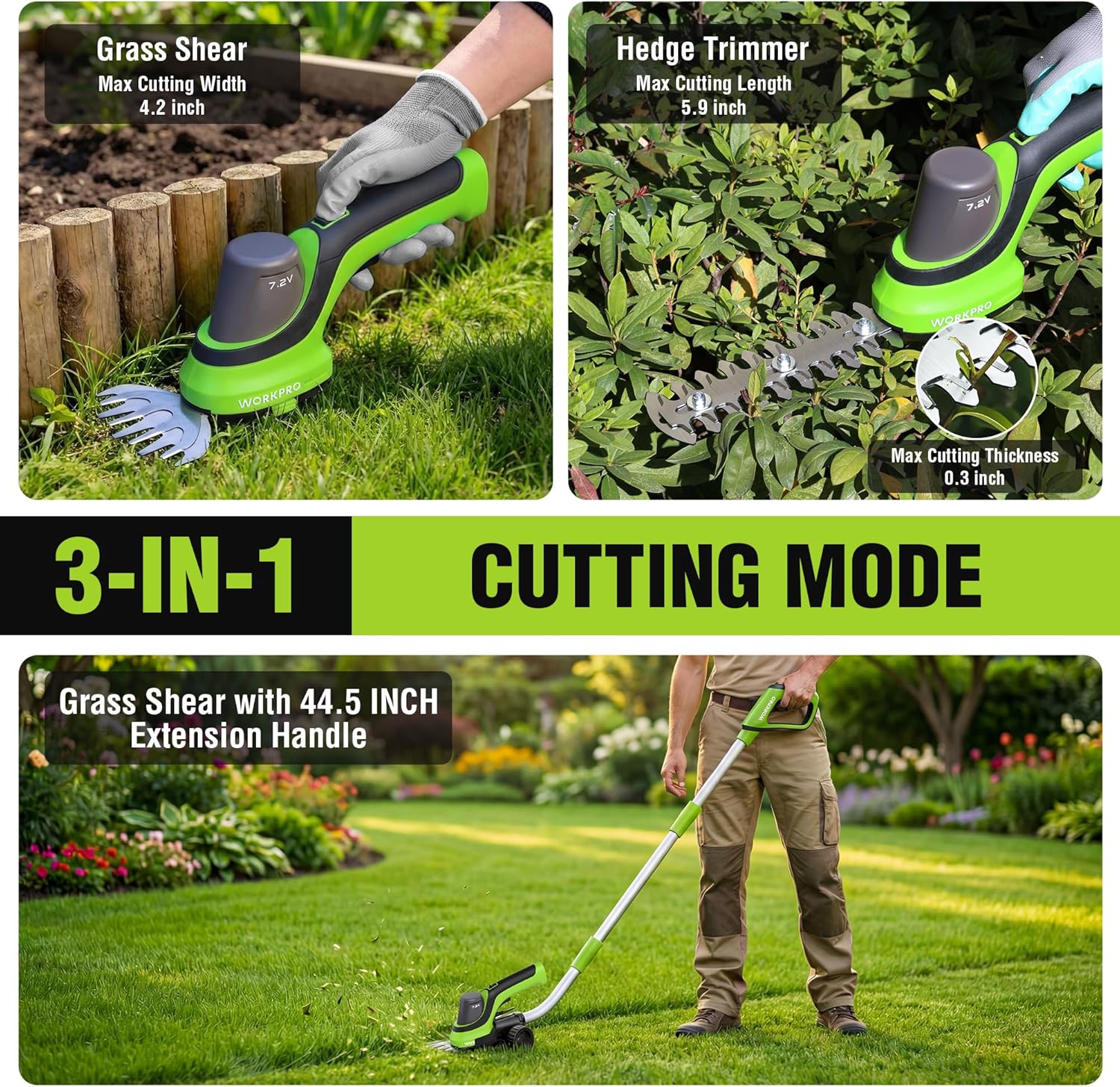 WORKPRO 7.2V Handheld Grass Trimmer, 2-in-1 Cordless Hedge Trimmer & Grass Shears with 44.5” Wheeled Extension Pole, 2Ah Battery, Shrub Trimmer for Lawn Edging, Garden, Yard & Hedge Trimming - Image 2