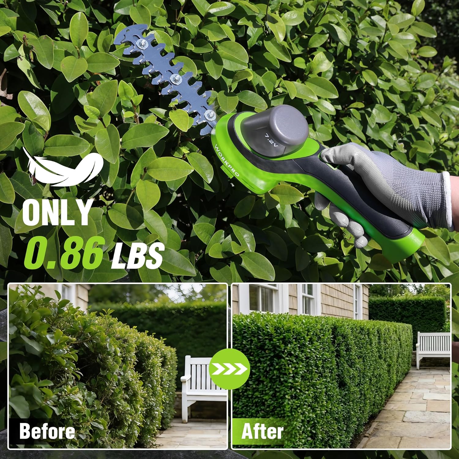 WORKPRO 7.2V Handheld Grass Trimmer, 2-in-1 Cordless Hedge Trimmer & Grass Shears with 44.5” Wheeled Extension Pole, 2Ah Battery, Shrub Trimmer for Lawn Edging, Garden, Yard & Hedge Trimming - Image 3
