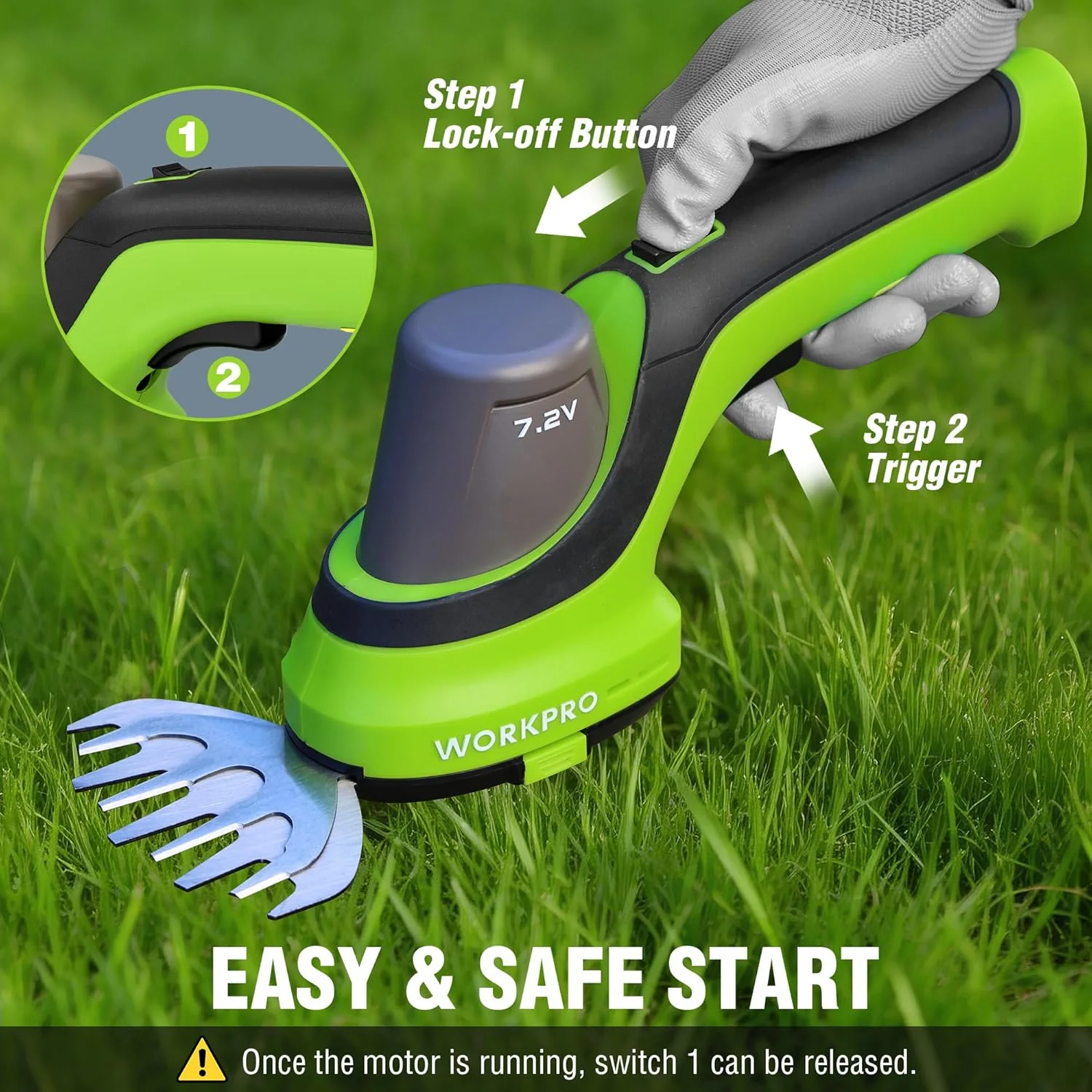 WORKPRO 7.2V Handheld Grass Trimmer, 2-in-1 Cordless Hedge Trimmer & Grass Shears with 44.5” Wheeled Extension Pole, 2Ah Battery, Shrub Trimmer for Lawn Edging, Garden, Yard & Hedge Trimming - Image 4