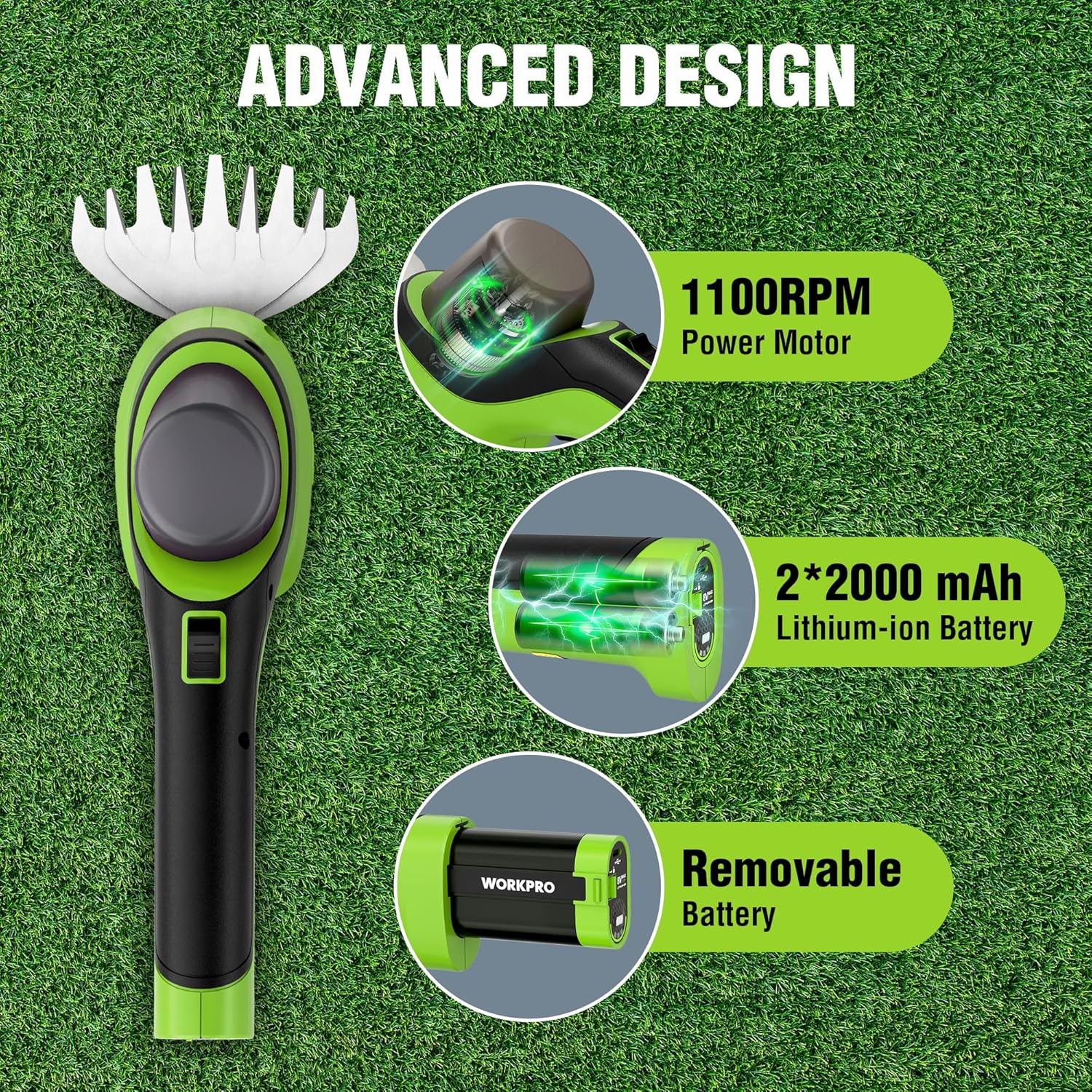WORKPRO 7.2V Handheld Grass Trimmer, 2-in-1 Cordless Hedge Trimmer & Grass Shears with 44.5” Wheeled Extension Pole, 2Ah Battery, Shrub Trimmer for Lawn Edging, Garden, Yard & Hedge Trimming - Image 5