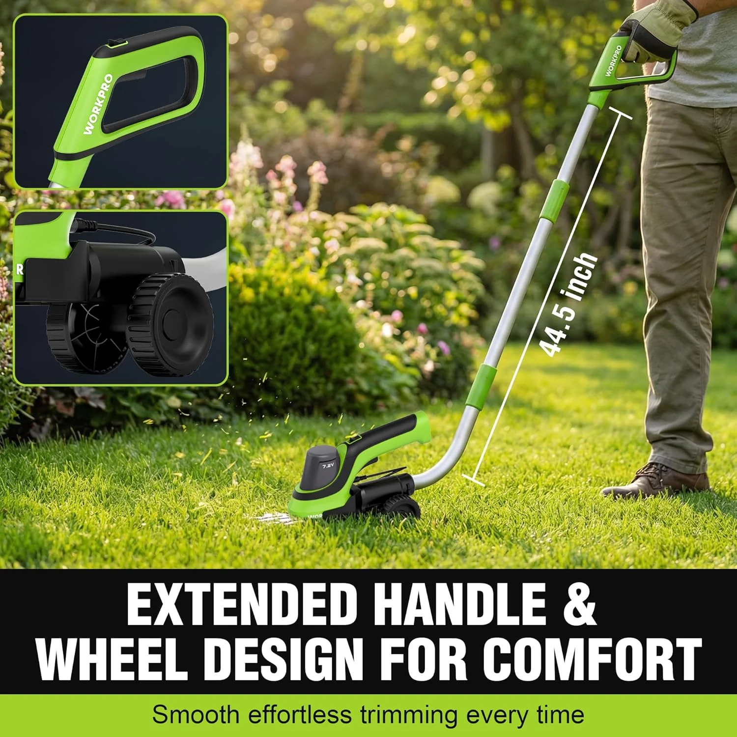 WORKPRO 7.2V Handheld Grass Trimmer, 2-in-1 Cordless Hedge Trimmer & Grass Shears with 44.5” Wheeled Extension Pole, 2Ah Battery, Shrub Trimmer for Lawn Edging, Garden, Yard & Hedge Trimming - Image 6